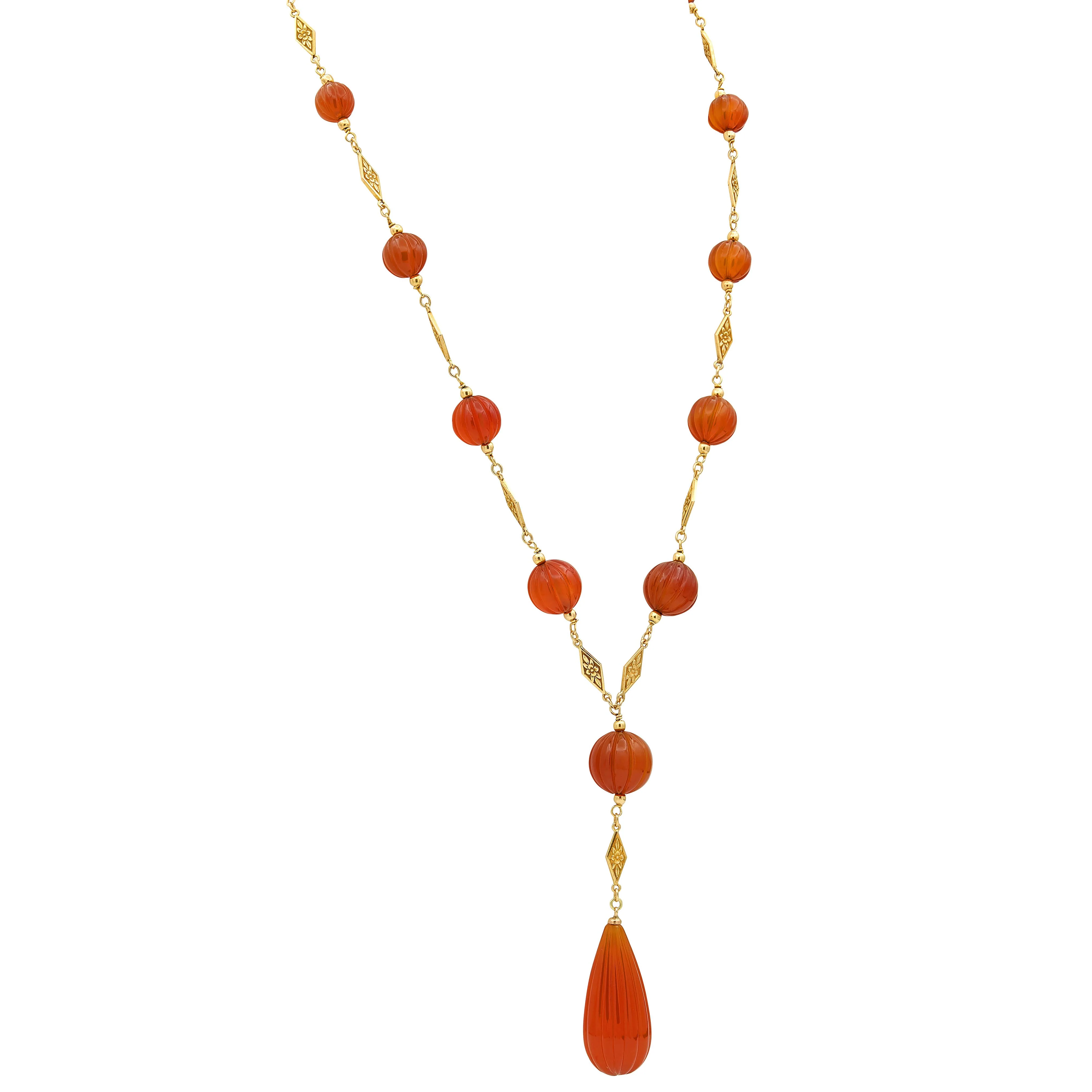 Early Art Deco Carnelian 14 Karat Yellow Gold Antique Orange Blossom Sautoir Necklace - Image 4