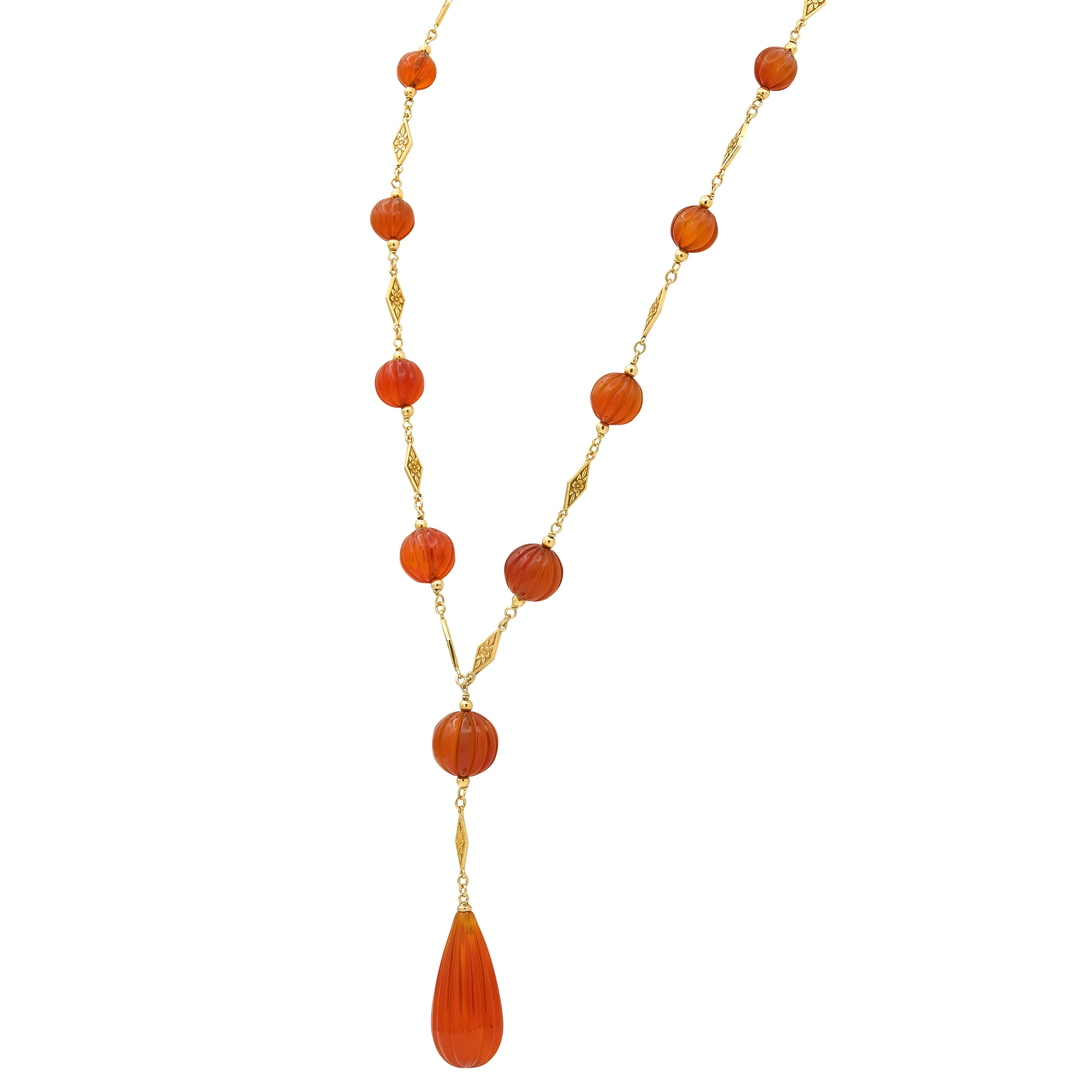 Early Art Deco Carnelian 14 Karat Yellow Gold Antique Orange Blossom Sautoir Necklace - Image 6