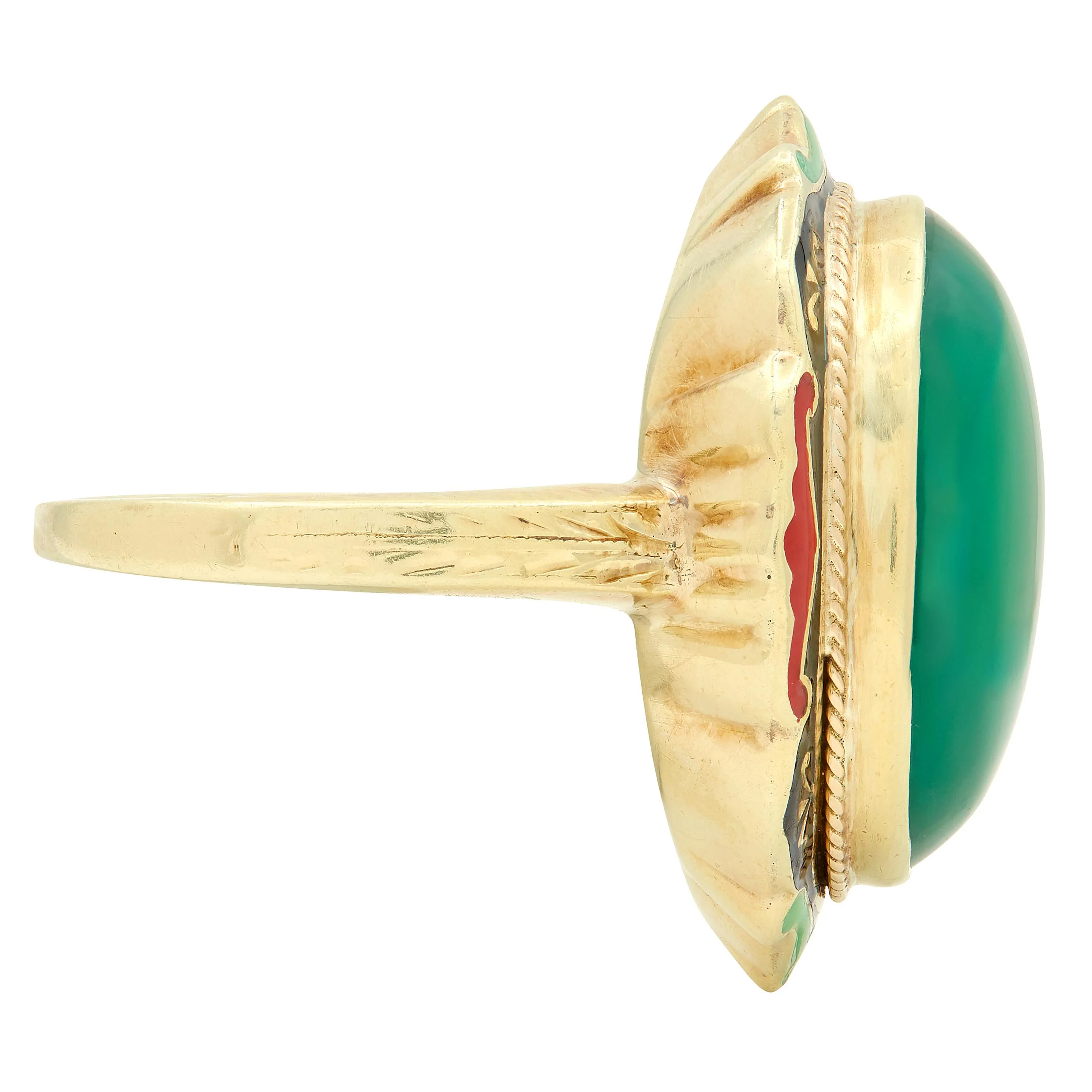 Early Art Deco Chalcedony Enamel 14 Karat Yellow Gold Antique Cocktail Ring - Image 3