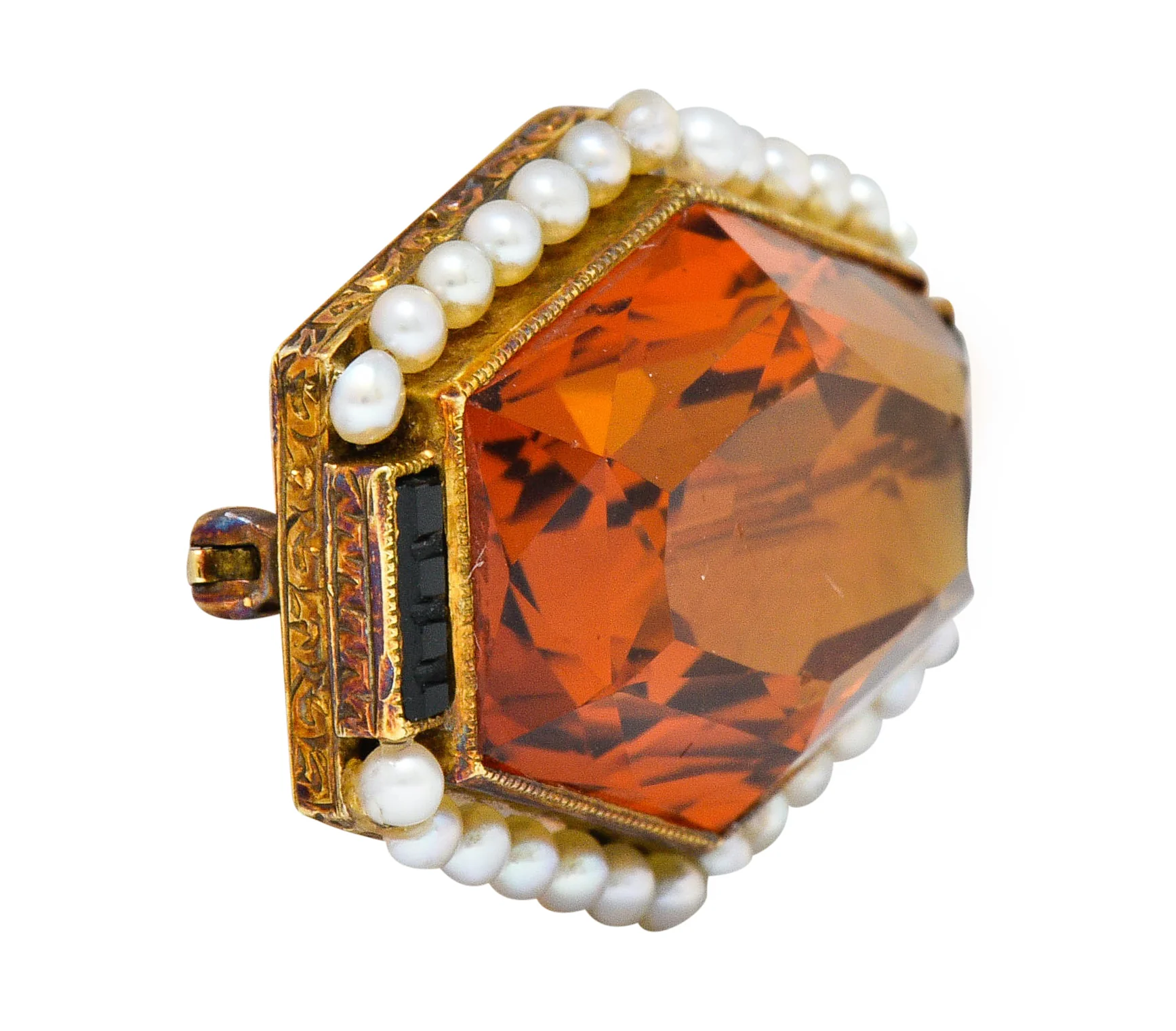 Early Art Deco Citrine Pearl Onyx 14 Karat Gold Hexagonal Brooch - Image 2