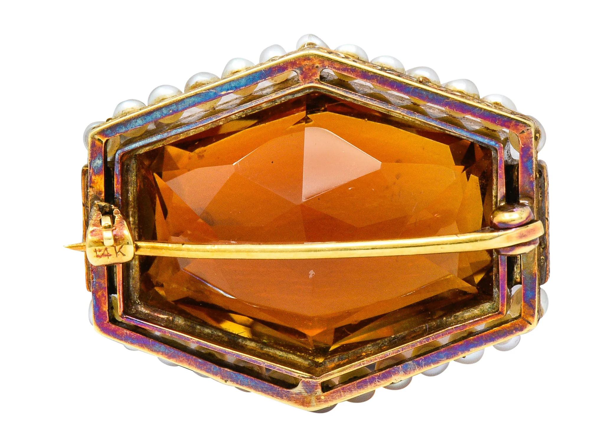 Early Art Deco Citrine Pearl Onyx 14 Karat Gold Hexagonal Brooch - Image 3