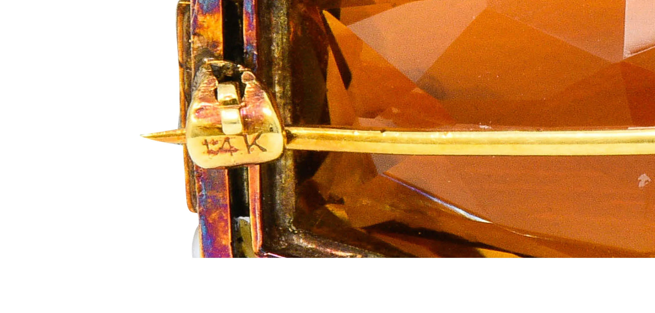Early Art Deco Citrine Pearl Onyx 14 Karat Gold Hexagonal Brooch - Image 7