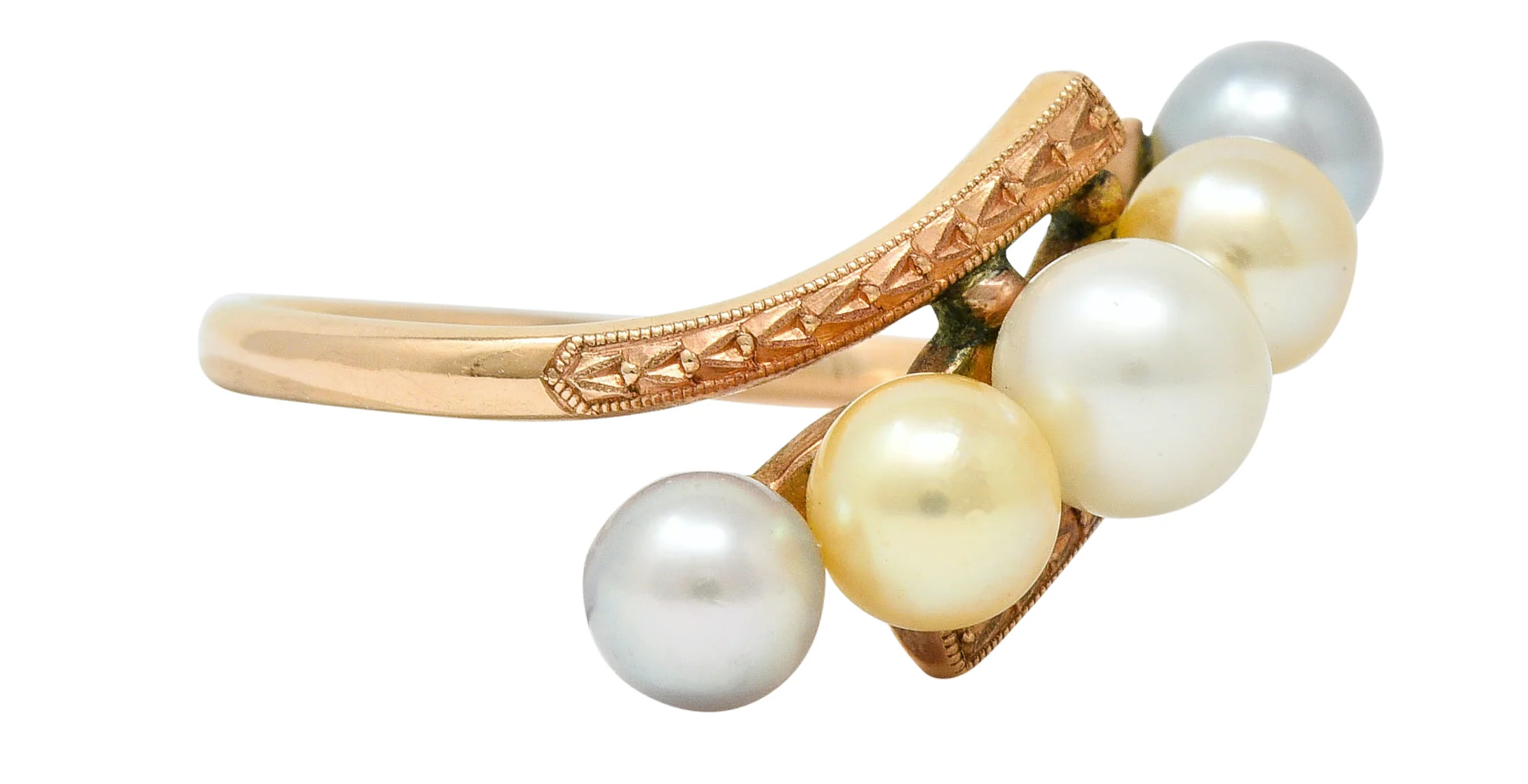 Early Art Deco Cultured Pearl 14 Karat Rose Gold Bypass Ring - Image 2