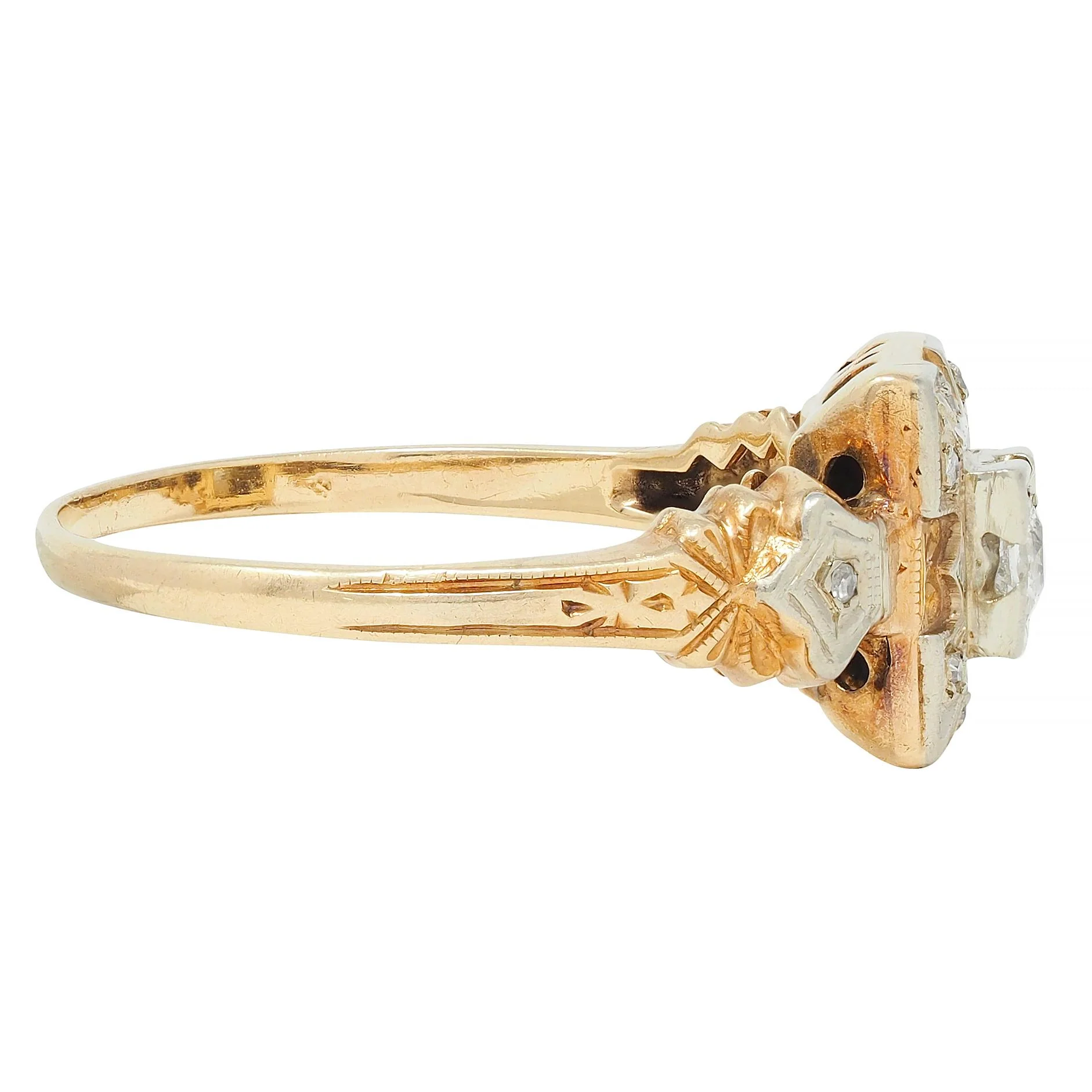 Early Art Deco Diamond 14 Karat Two Tone Square Form Antique Engagement Ring - Image 4