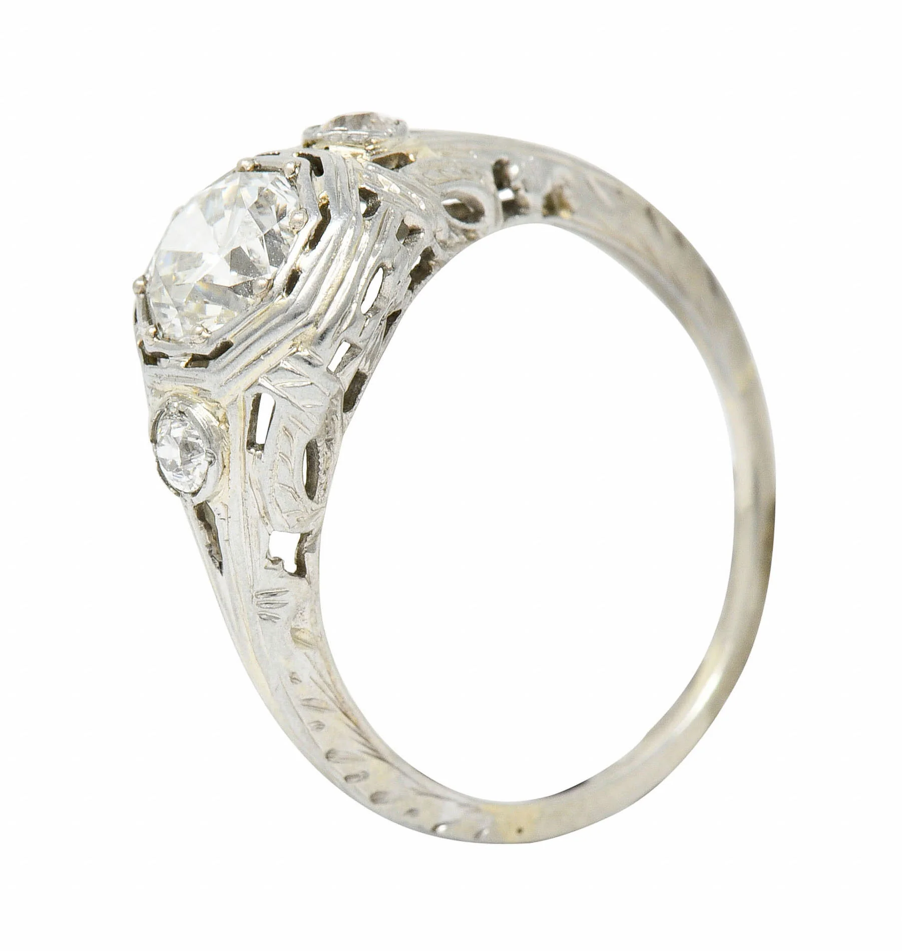 Early Art Deco Diamond 14 Karat White Gold Octagonal Bow Engagement Ring GIA - Image 10