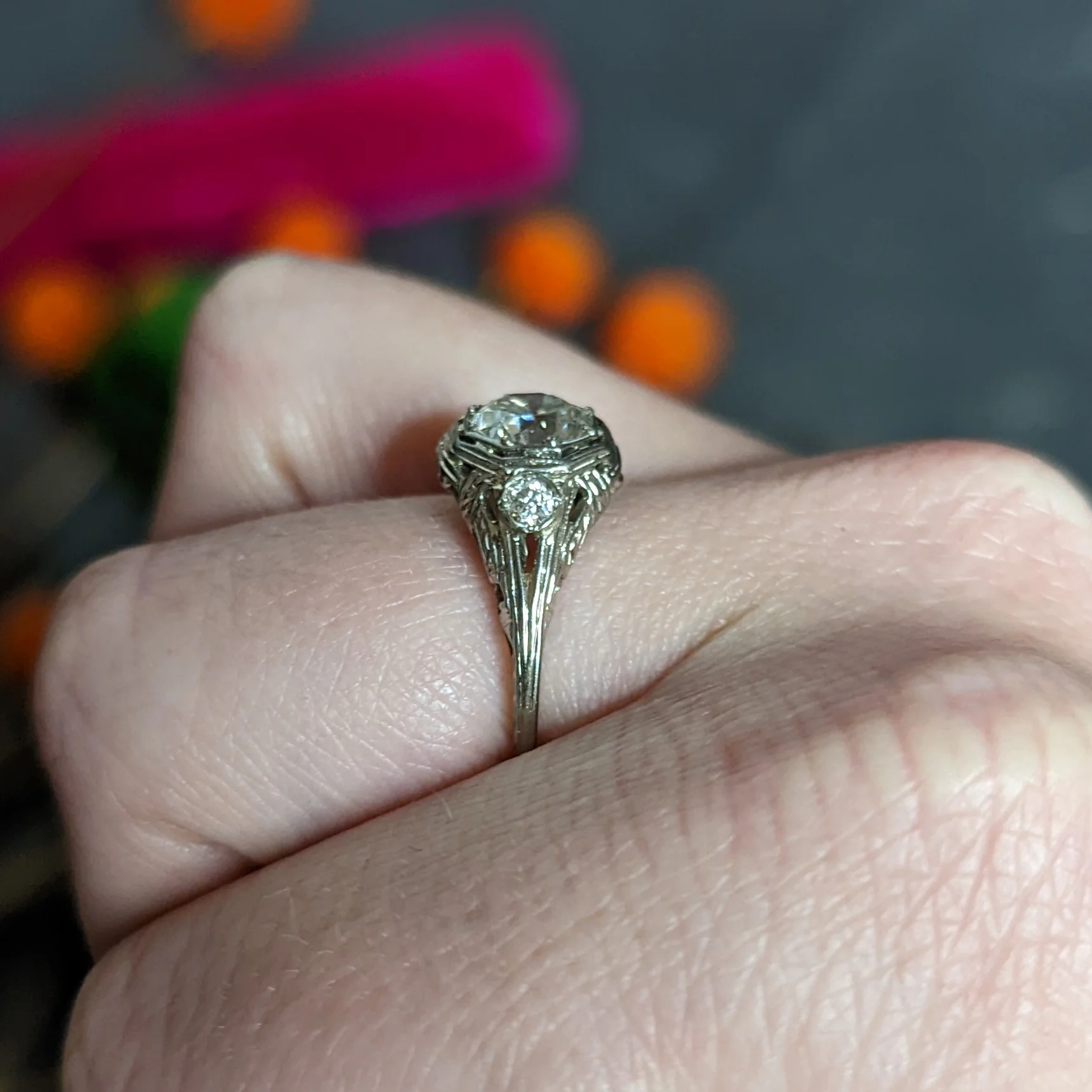 Early Art Deco Diamond 14 Karat White Gold Octagonal Bow Engagement Ring GIA - Image 13