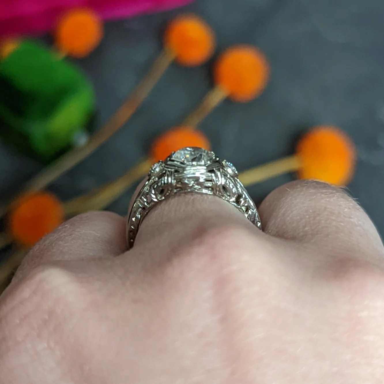 Early Art Deco Diamond 14 Karat White Gold Octagonal Bow Engagement Ring GIA - Image 14