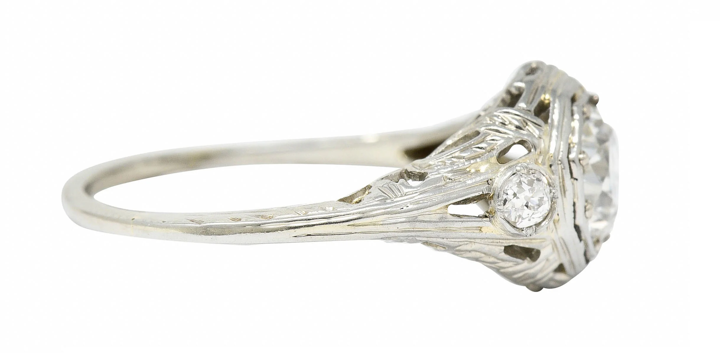 Early Art Deco Diamond 14 Karat White Gold Octagonal Bow Engagement Ring GIA - Image 3