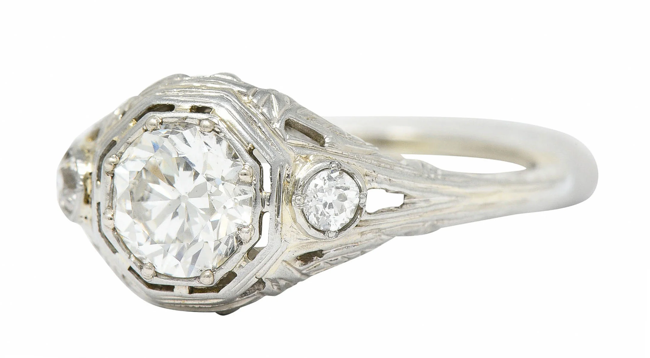 Early Art Deco Diamond 14 Karat White Gold Octagonal Bow Engagement Ring GIA - Image 6