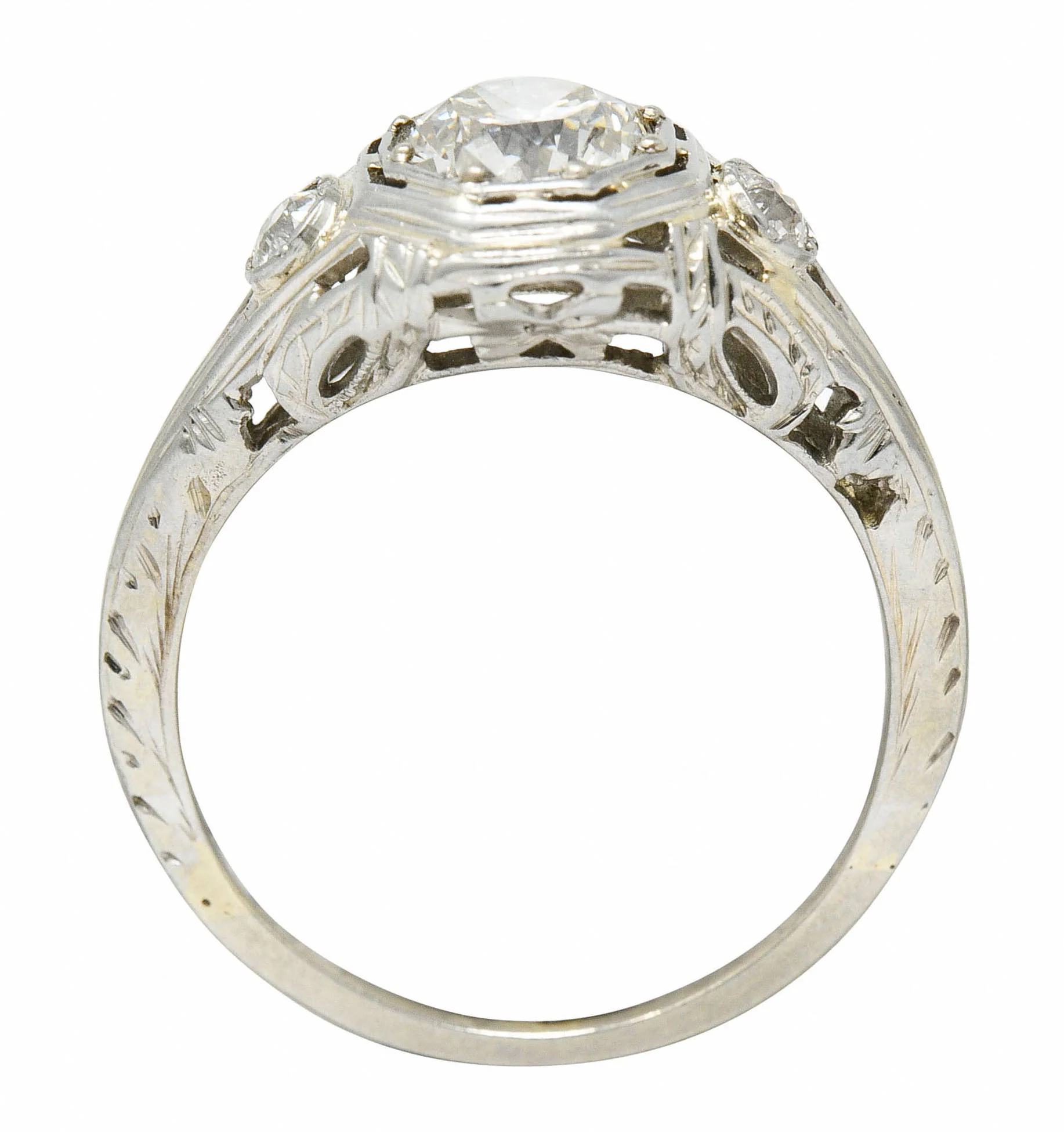 Early Art Deco Diamond 14 Karat White Gold Octagonal Bow Engagement Ring GIA - Image 7