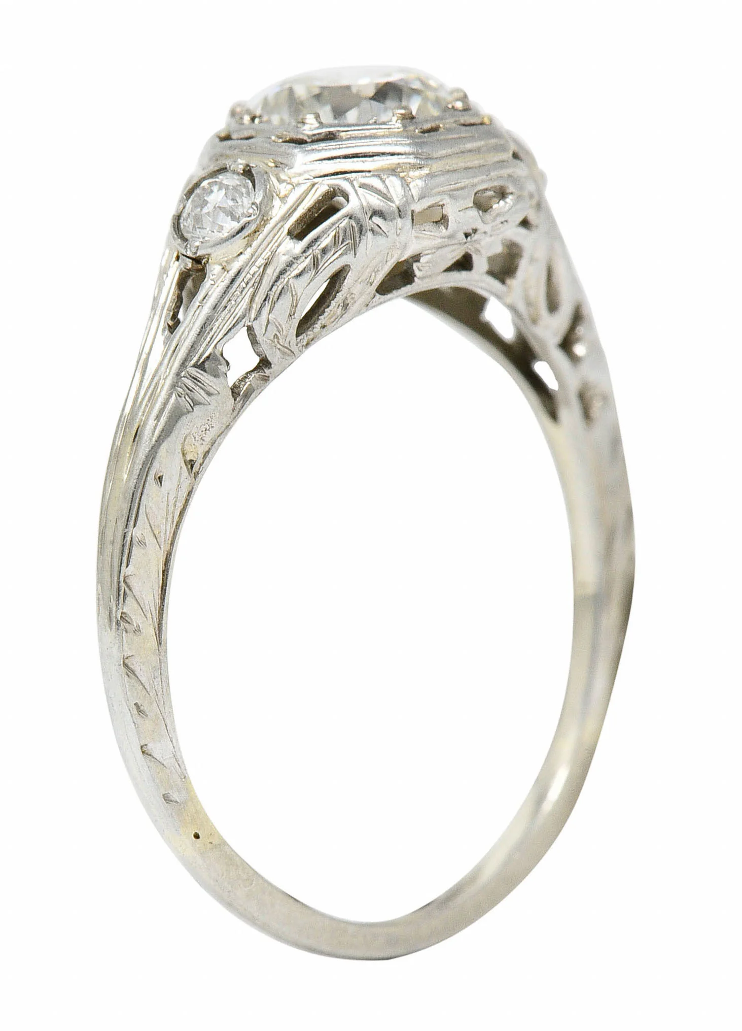 Early Art Deco Diamond 14 Karat White Gold Octagonal Bow Engagement Ring GIA - Image 8