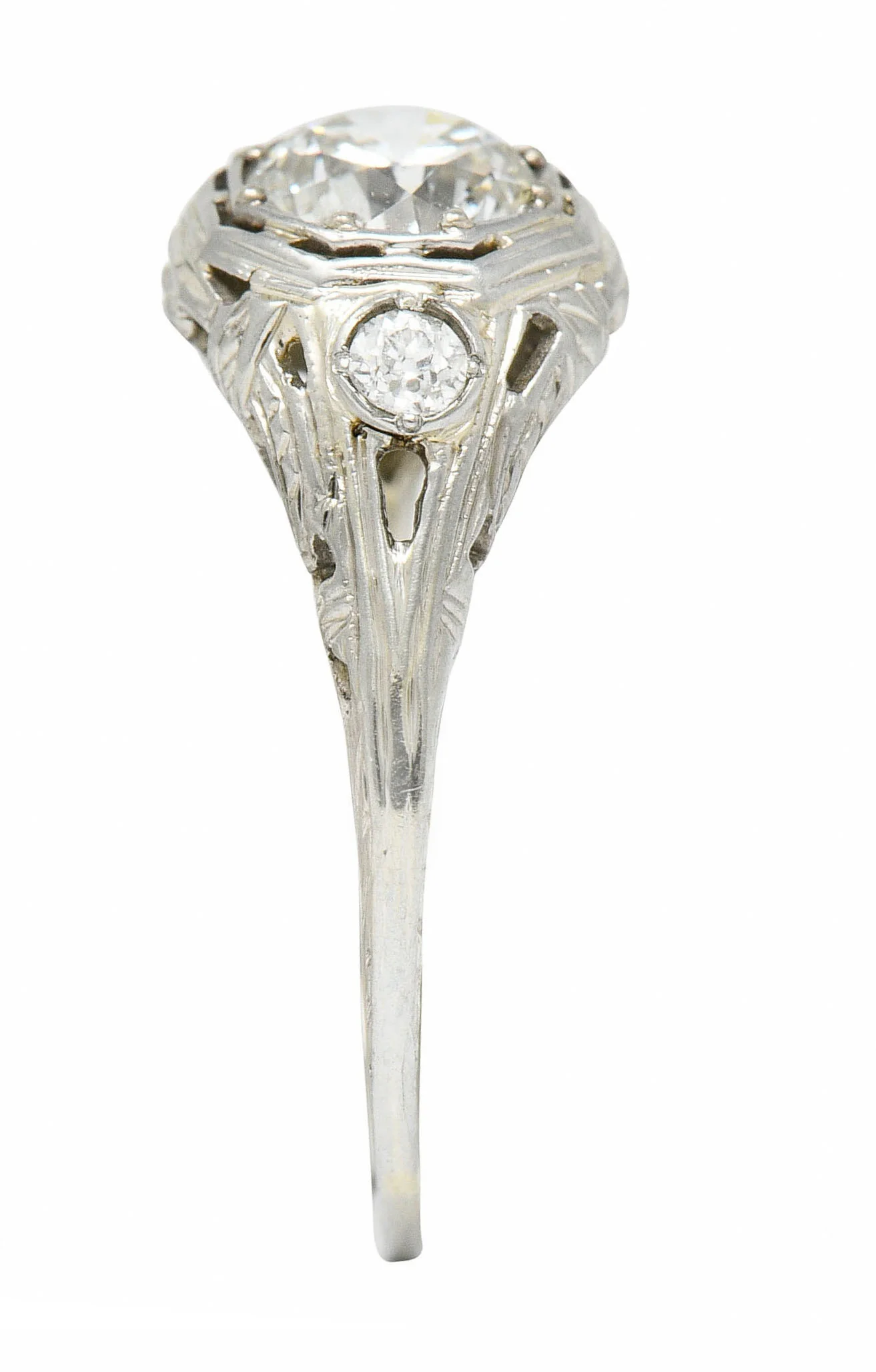 Early Art Deco Diamond 14 Karat White Gold Octagonal Bow Engagement Ring GIA - Image 9