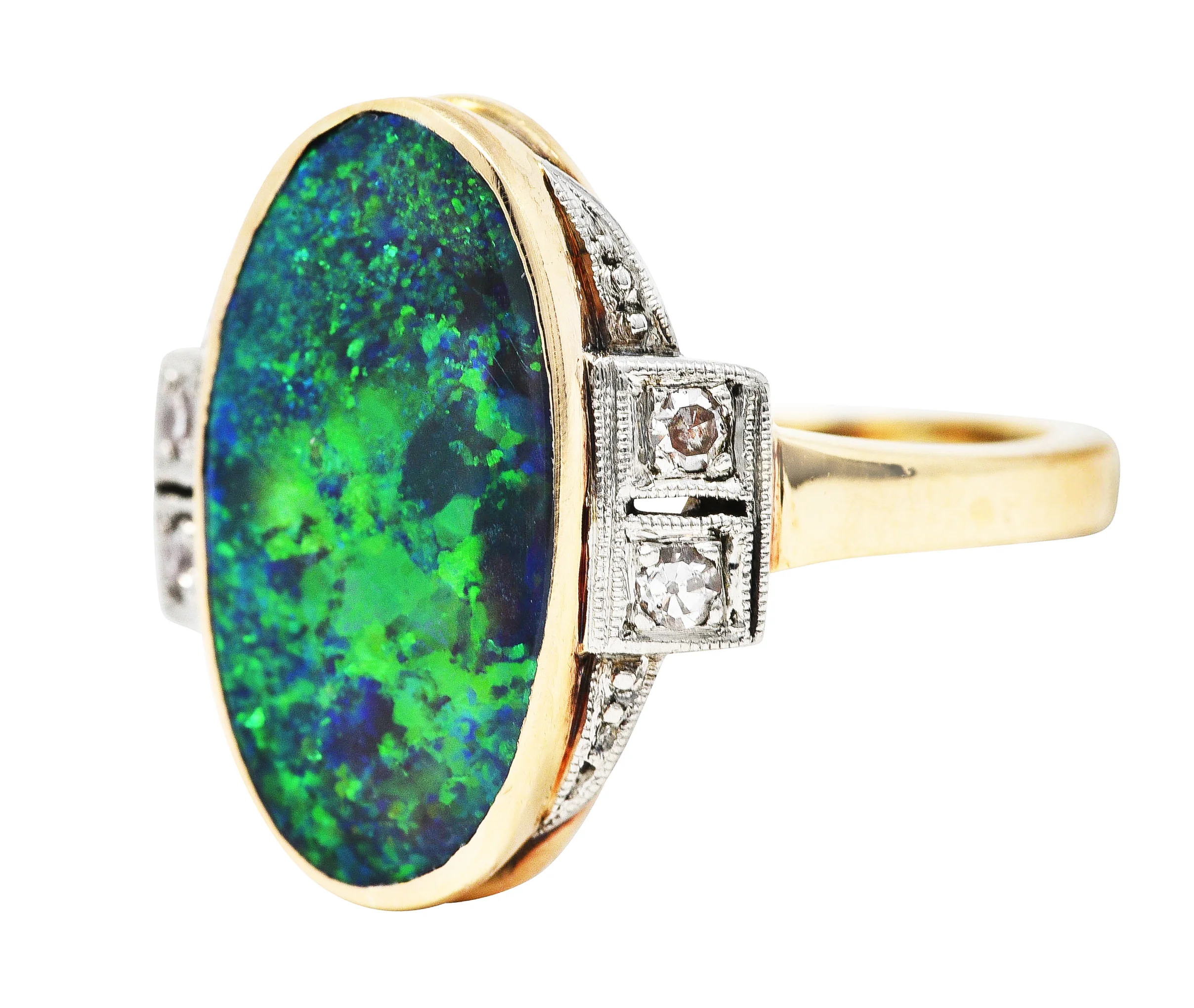 Early Art Deco Diamond Black Opal Platinum Topped 14 Karat Gold Ring - Image 2