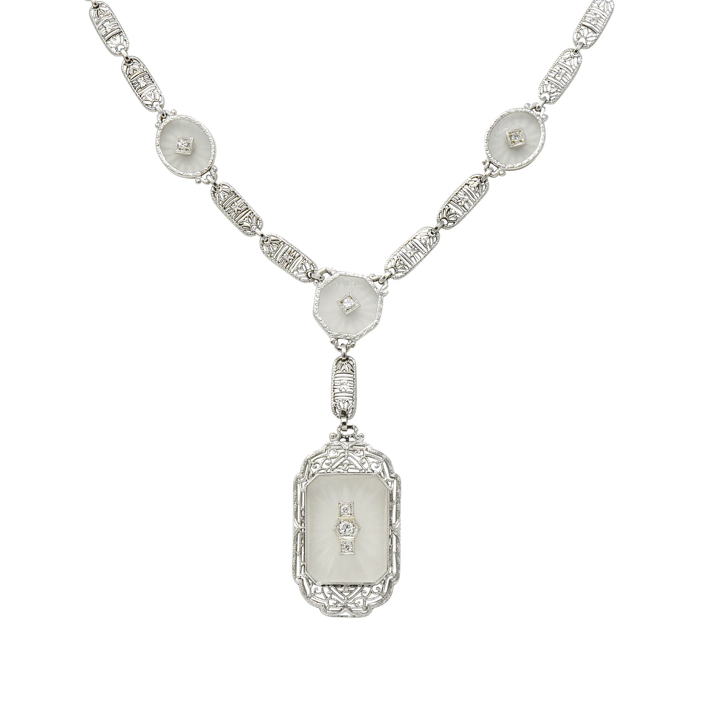 Early Art Deco Diamond Camphor Glass Platinum 14 Karat White Gold Drop Necklace - Image 2