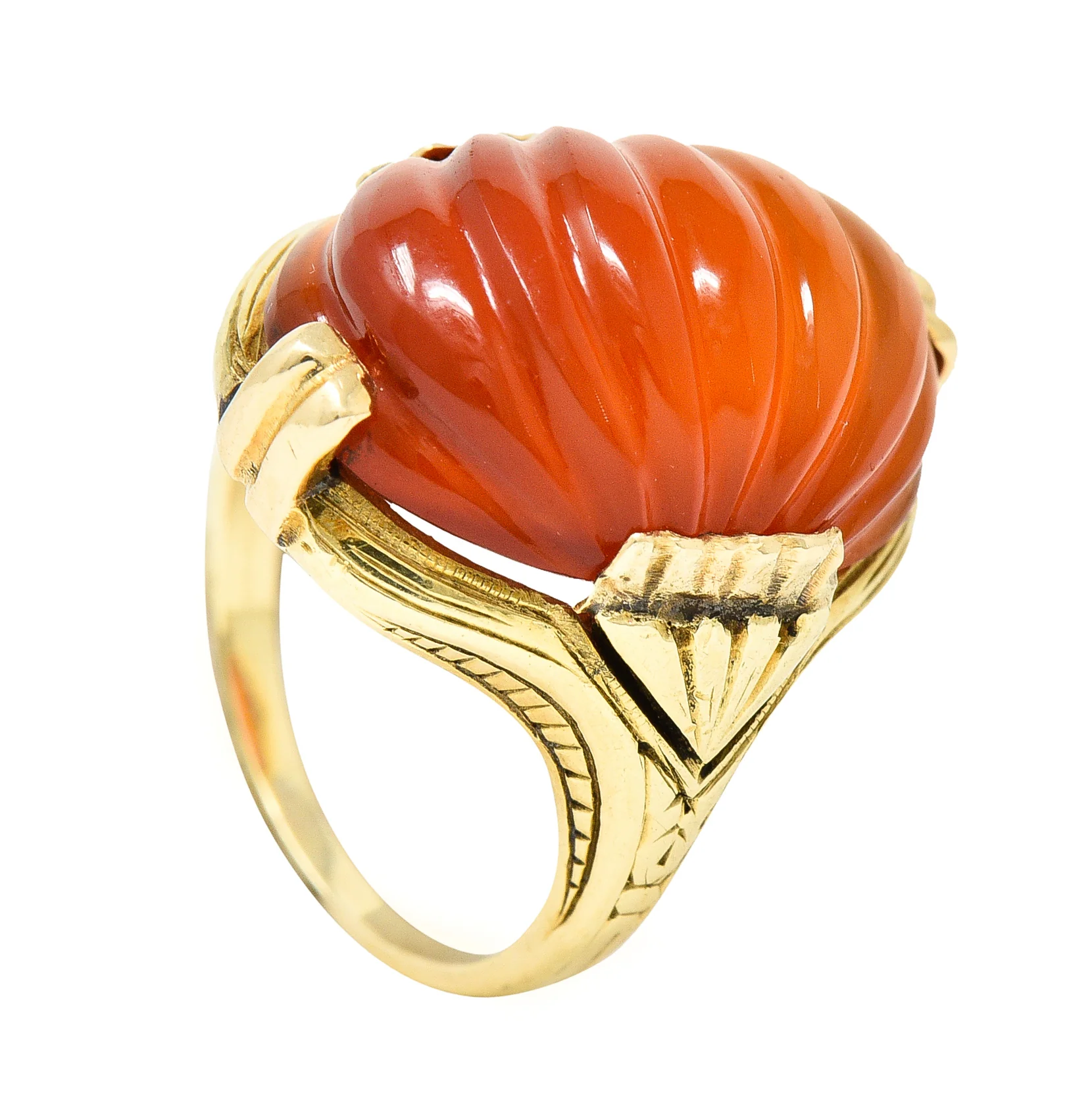 Early Art Deco Egyptian Revival Carved Carnelian 14 Karat Yellow Gold Gemstone Ring - Image 11