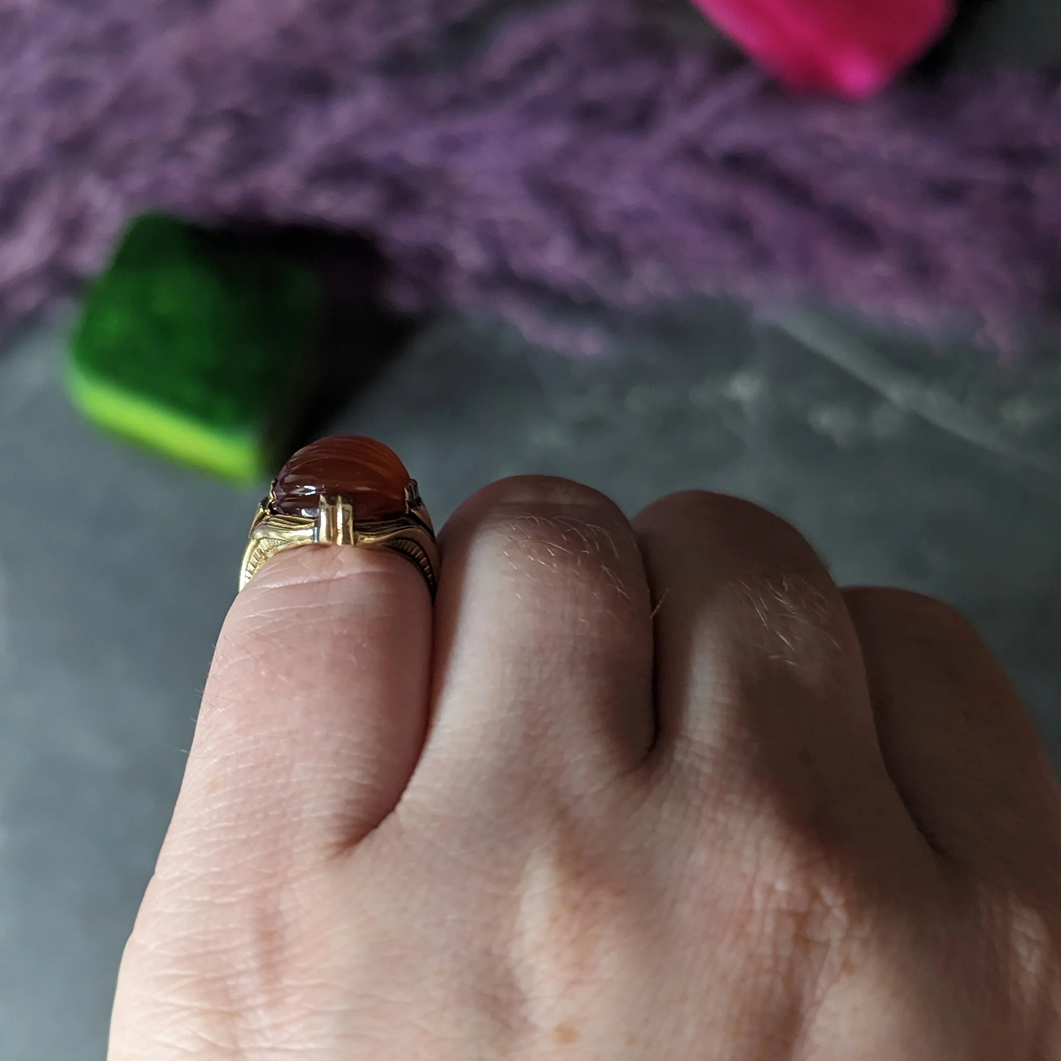 Early Art Deco Egyptian Revival Carved Carnelian 14 Karat Yellow Gold Gemstone Ring - Image 14