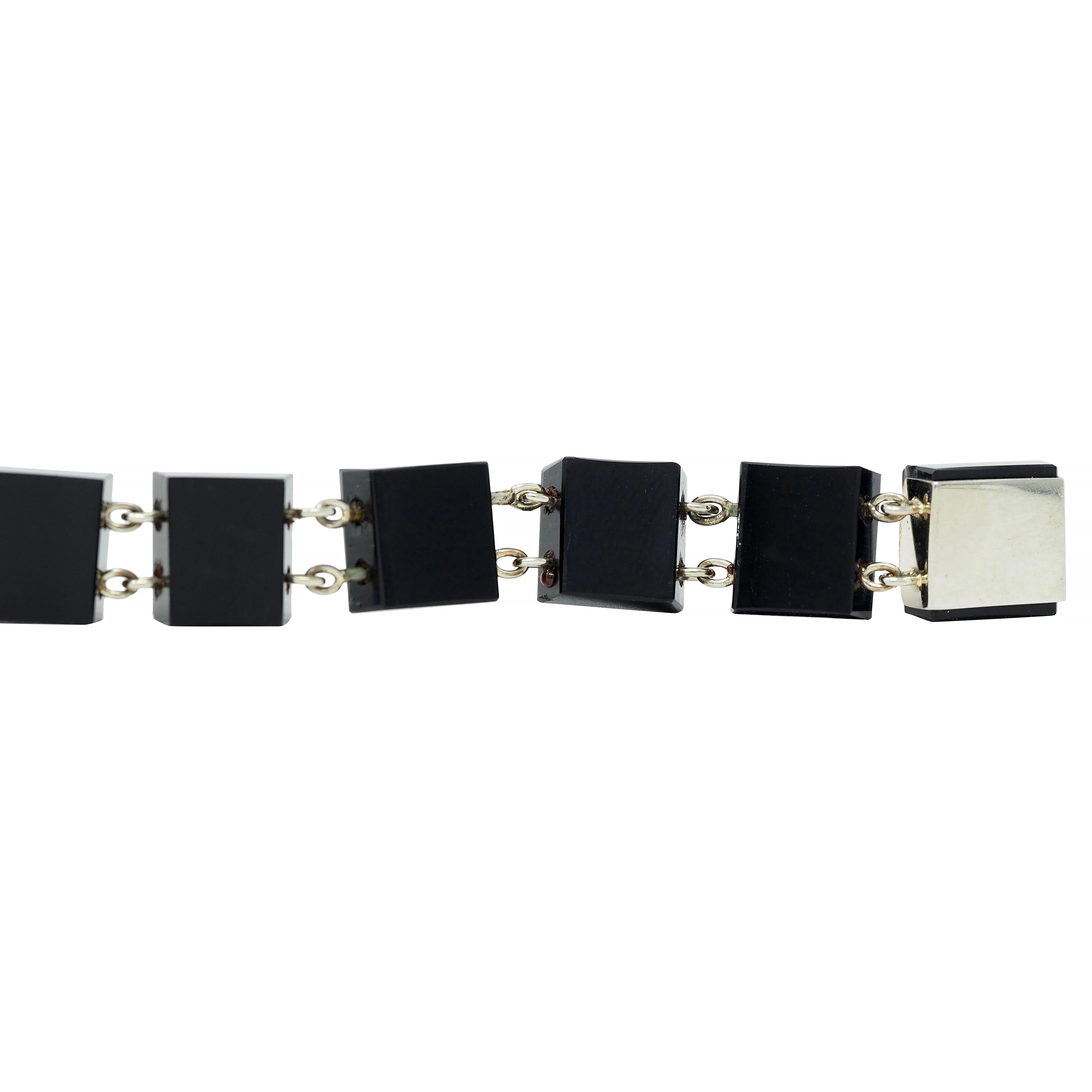 Early Art Deco Faceted Black Onyx 18 Karat White Gold Pyramid Link Antique Bracelet - Image 12
