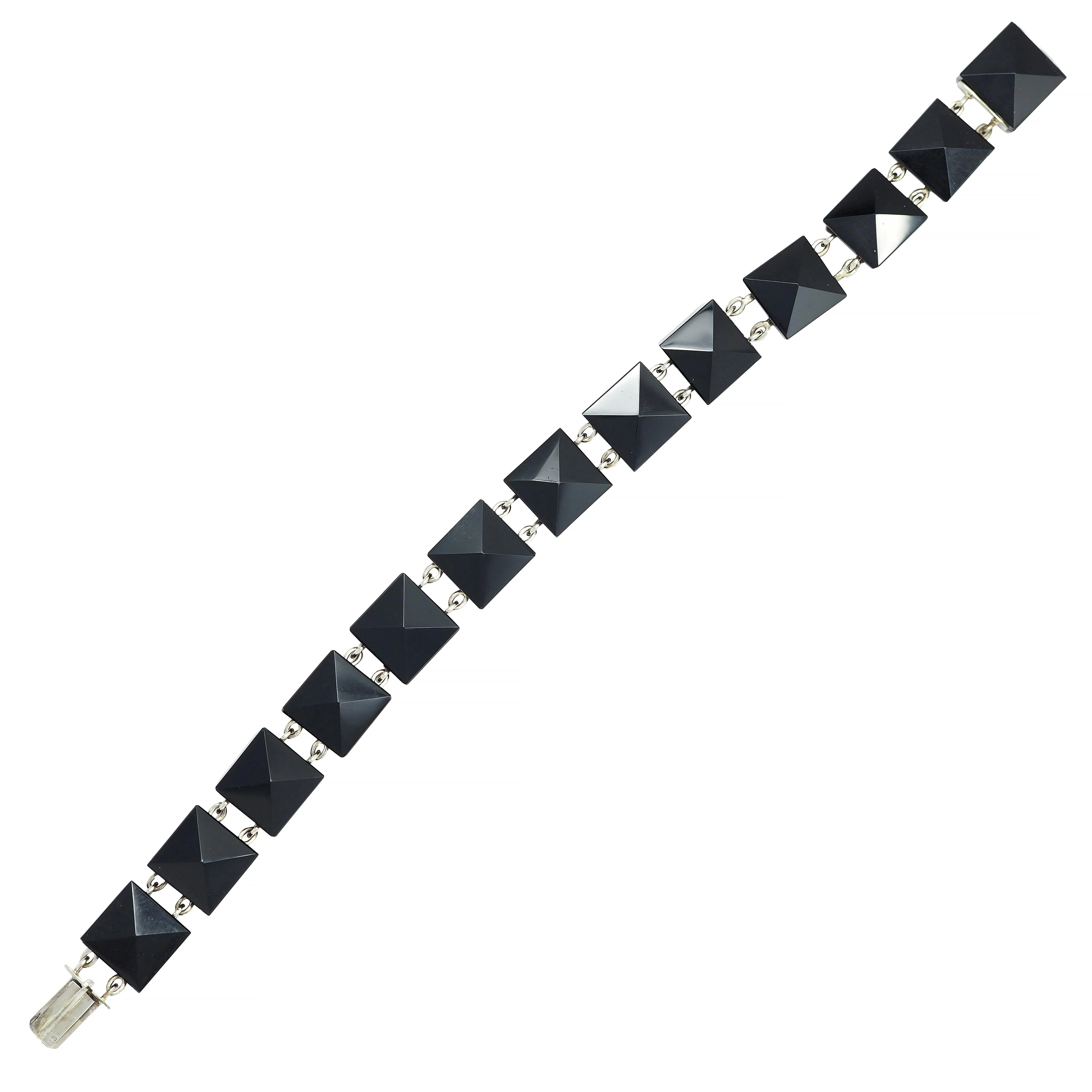 Early Art Deco Faceted Black Onyx 18 Karat White Gold Pyramid Link Antique Bracelet - Image 2
