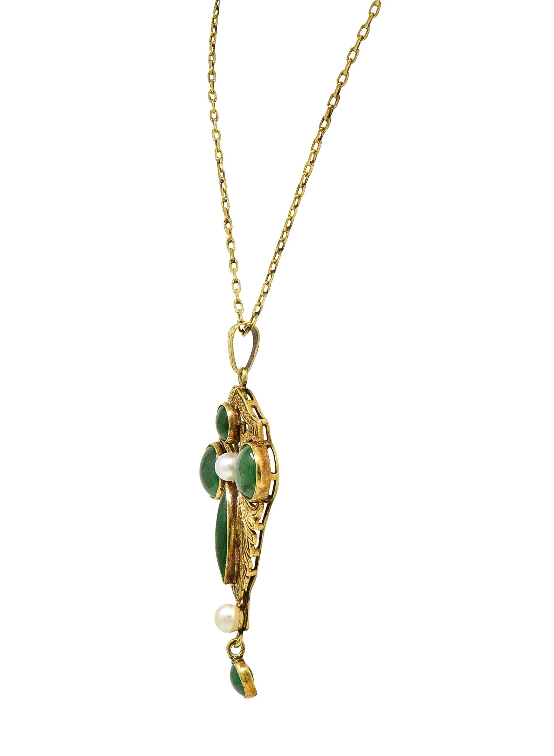 Early Art Deco Jade Pearl 14 Karat Yellow Gold Antique Drop Pendant Necklace - Image 4