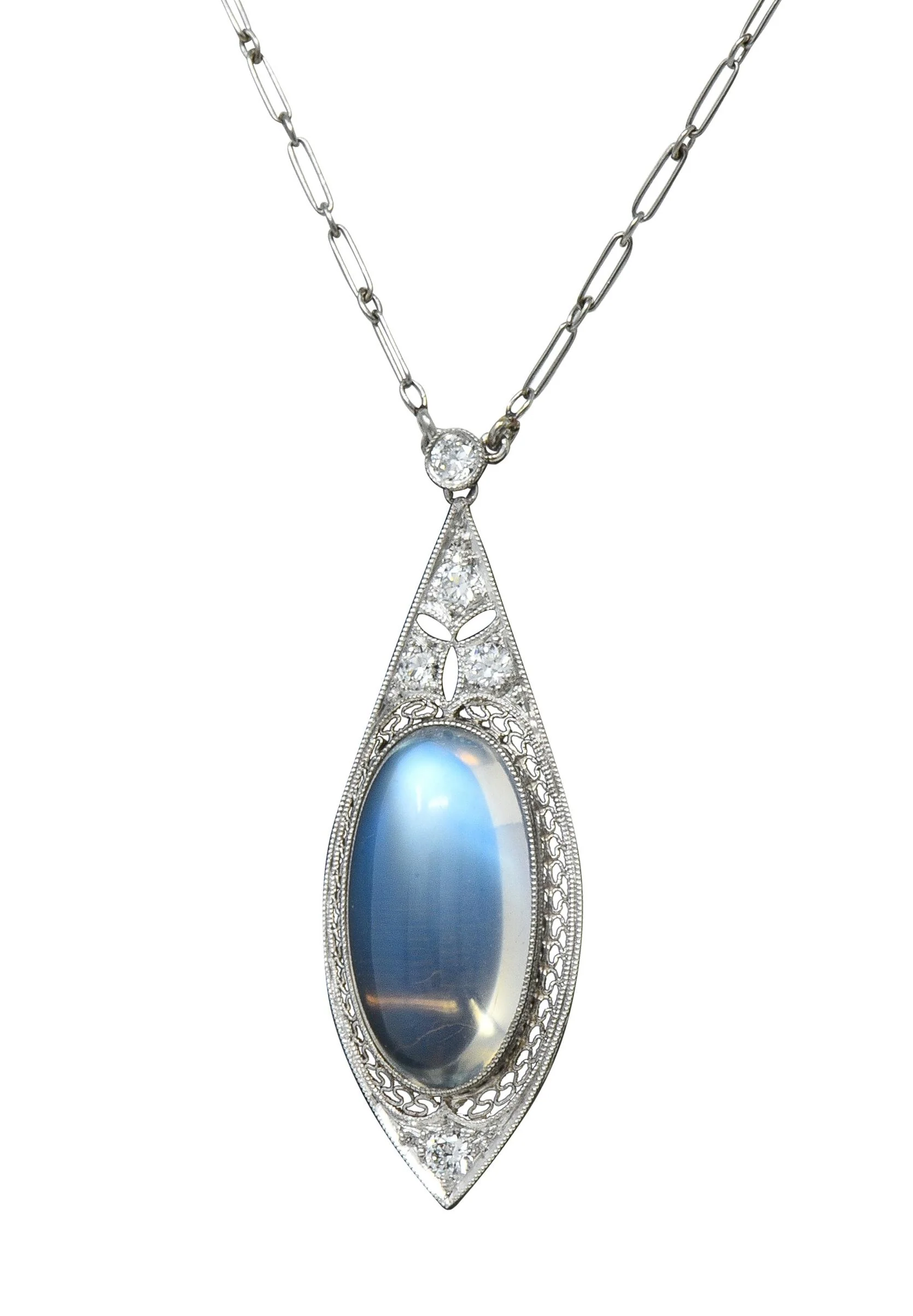 Early Art Deco Moonstone Diamond Platinum Antique Filigree Station Drop Necklace - Image 10