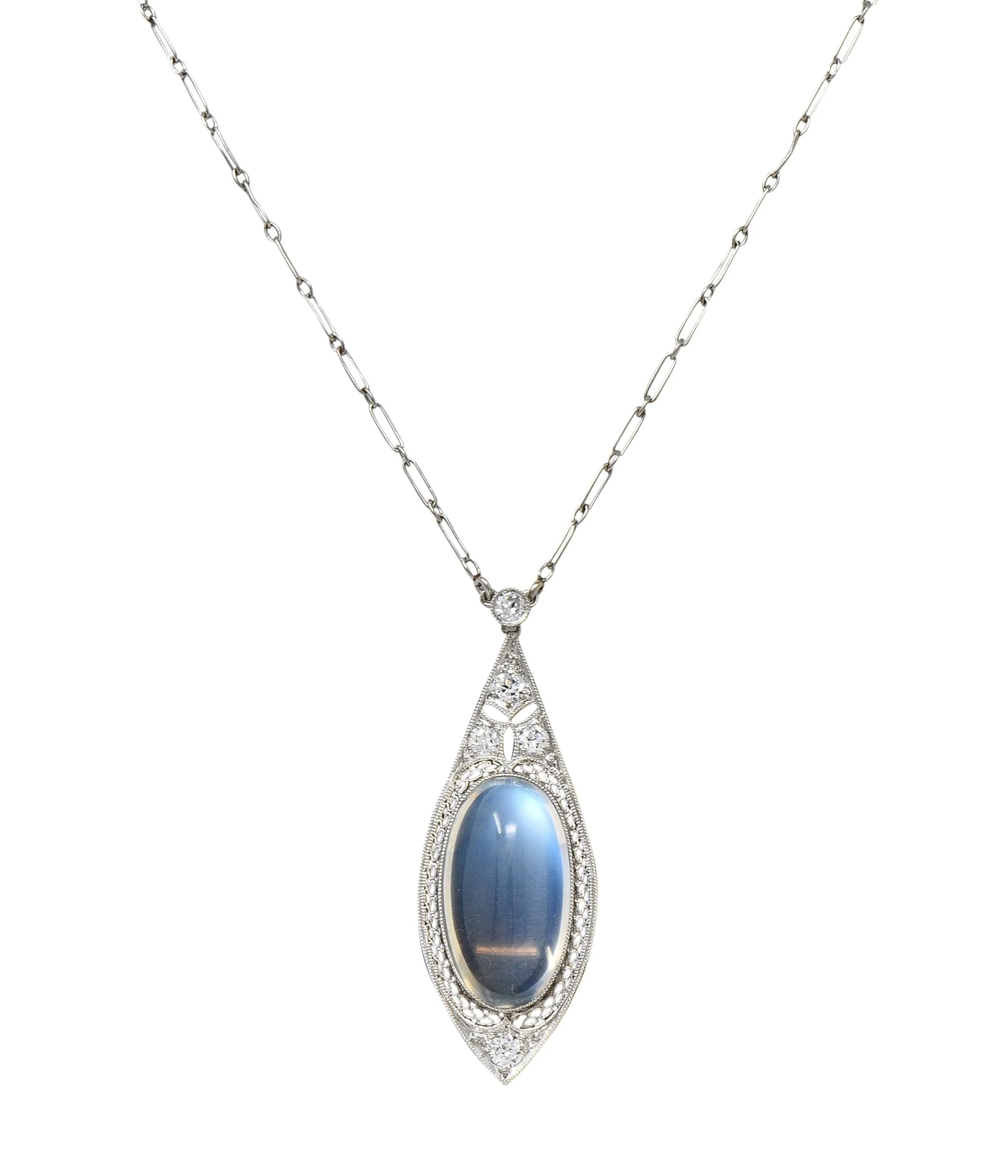 Early Art Deco Moonstone Diamond Platinum Antique Filigree Station Drop Necklace - Image 4