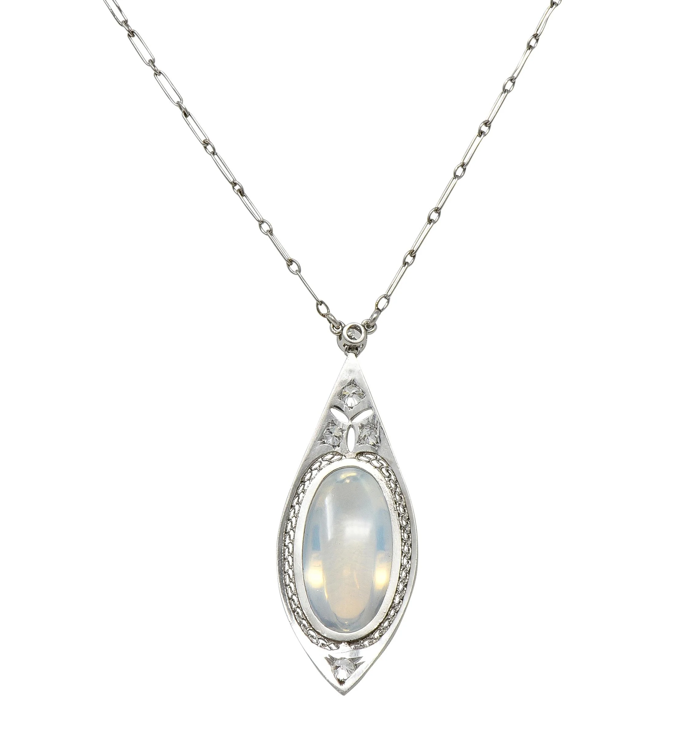 Early Art Deco Moonstone Diamond Platinum Antique Filigree Station Drop Necklace - Image 6