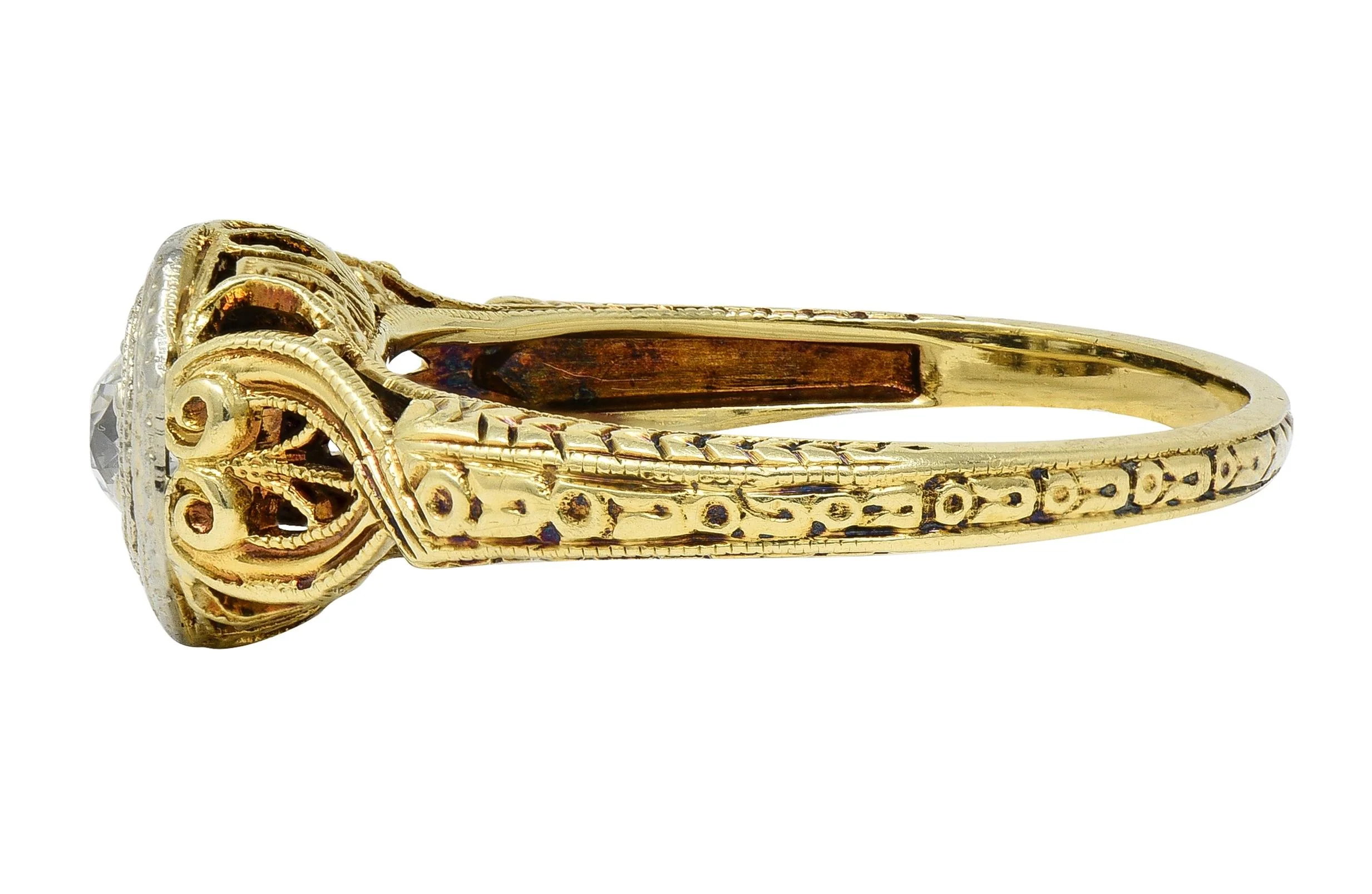 Early Art Deco Old European Cut Diamond 18 Karat Two-Tone Gold Antique Heart Engagement Ring - Image 4