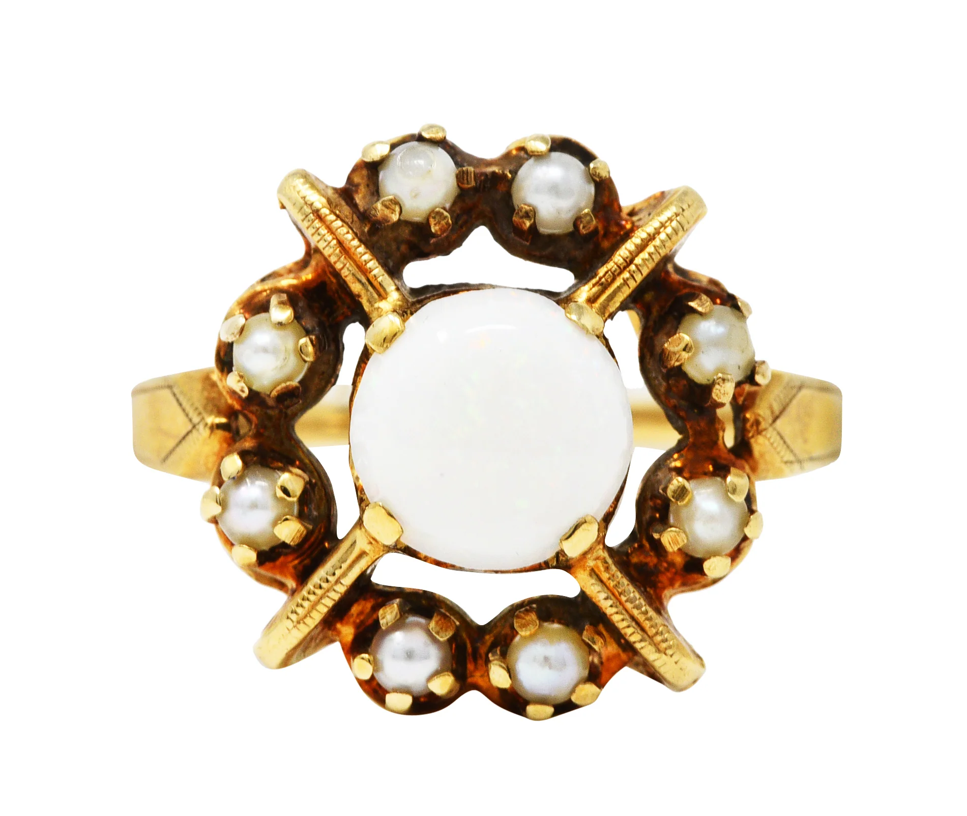 Early Art Deco Opal Pearl 14 Karat Gold X Cluster Ring