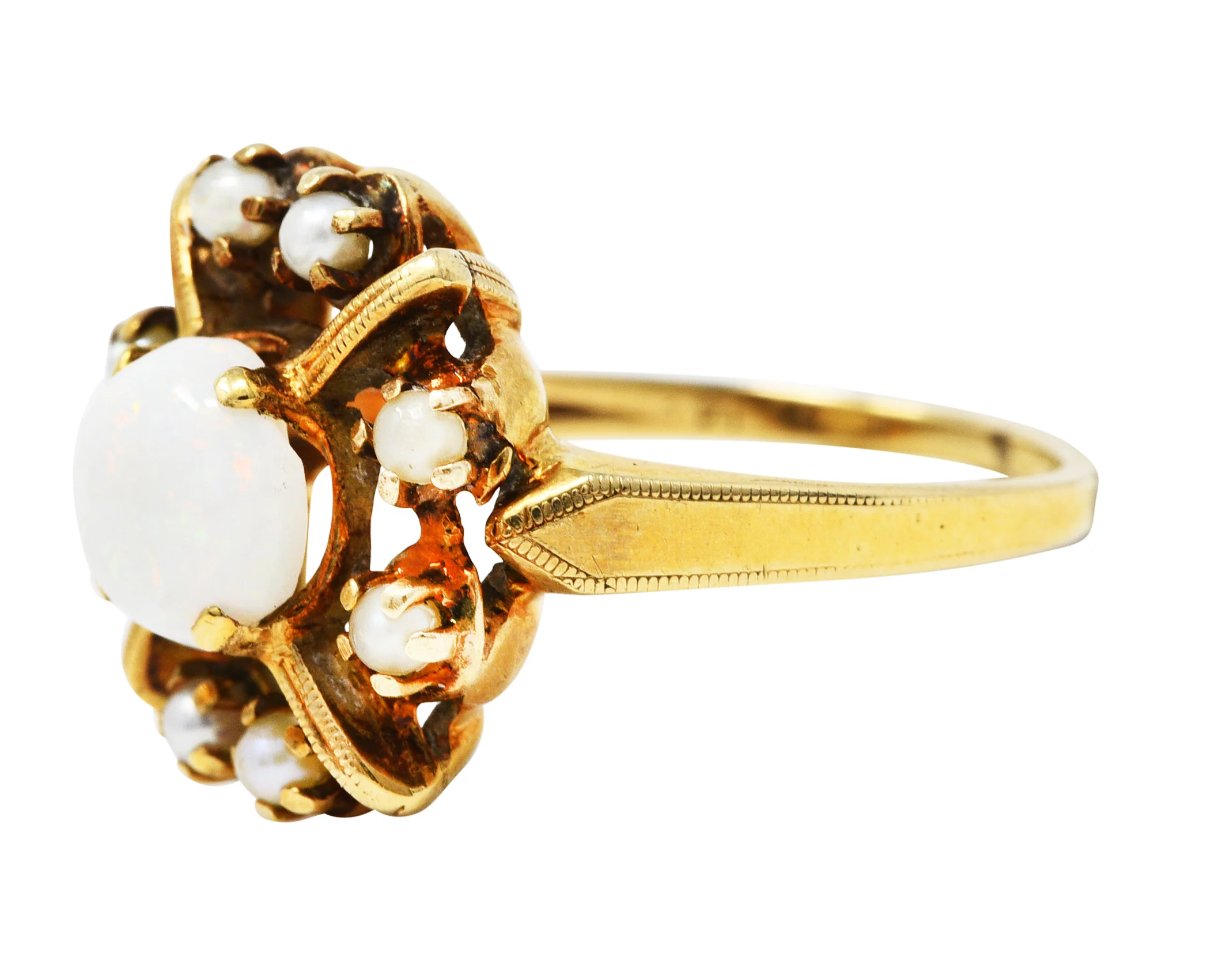 Early Art Deco Opal Pearl 14 Karat Gold X Cluster Ring - Image 6
