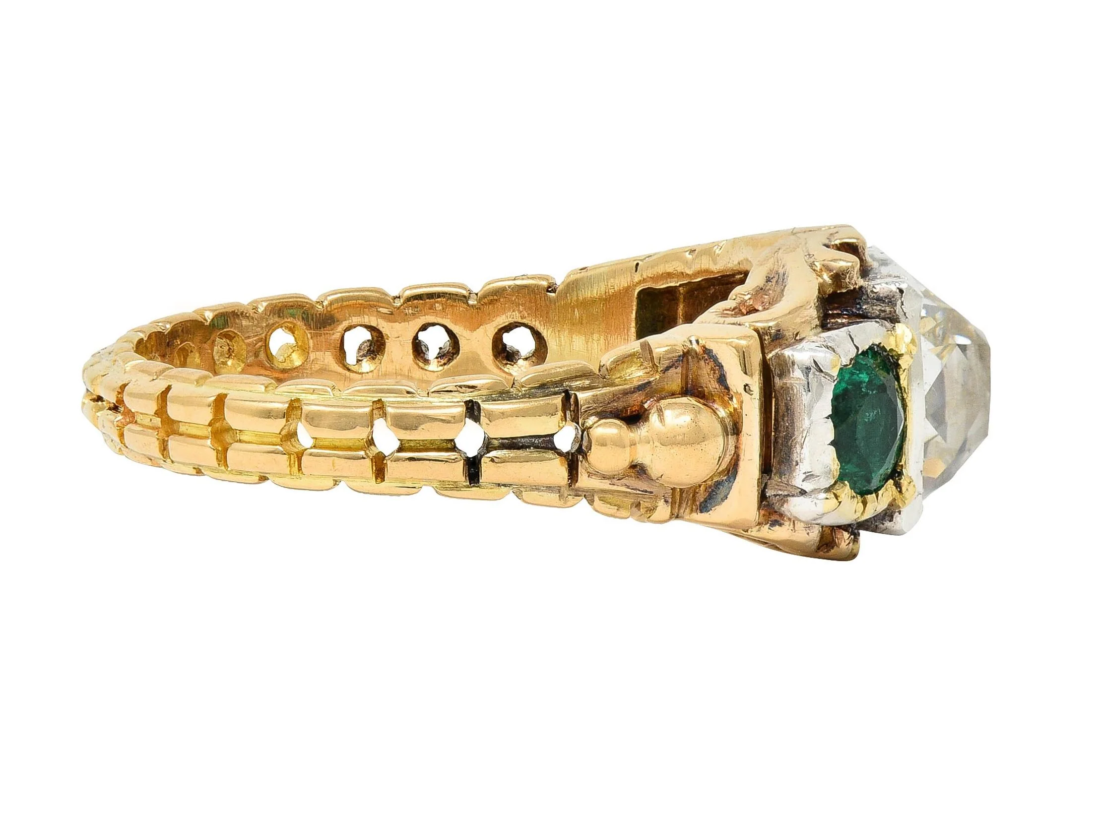 Early Victorian 3.92 CTW Peruzzi Cut Diamond Emerald 18 Karat Gold Silver Antique Ring - Image 4