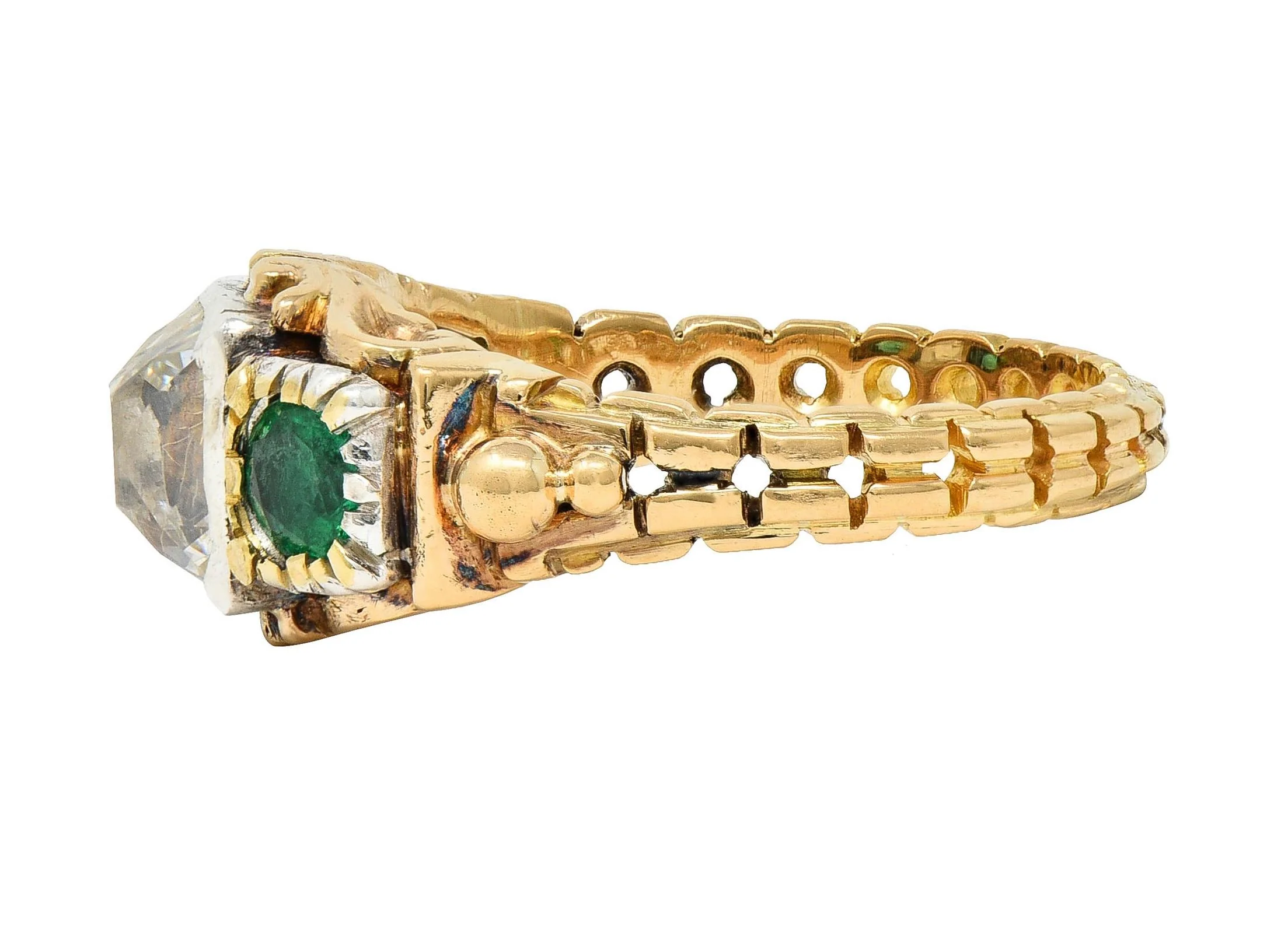 Early Victorian 3.92 CTW Peruzzi Cut Diamond Emerald 18 Karat Gold Silver Antique Ring - Image 6