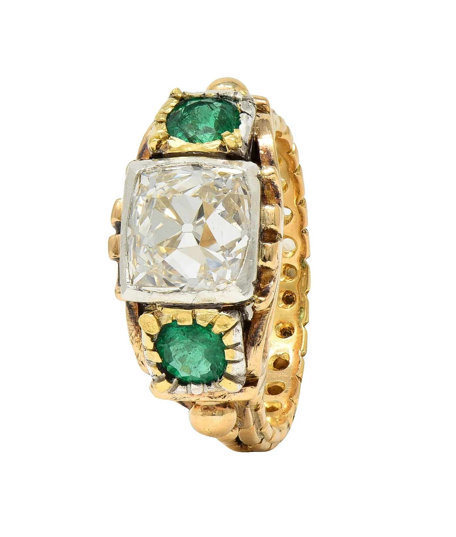 Early Victorian 3.92 CTW Peruzzi Cut Diamond Emerald 18 Karat Gold Silver Antique Ring - Image 8