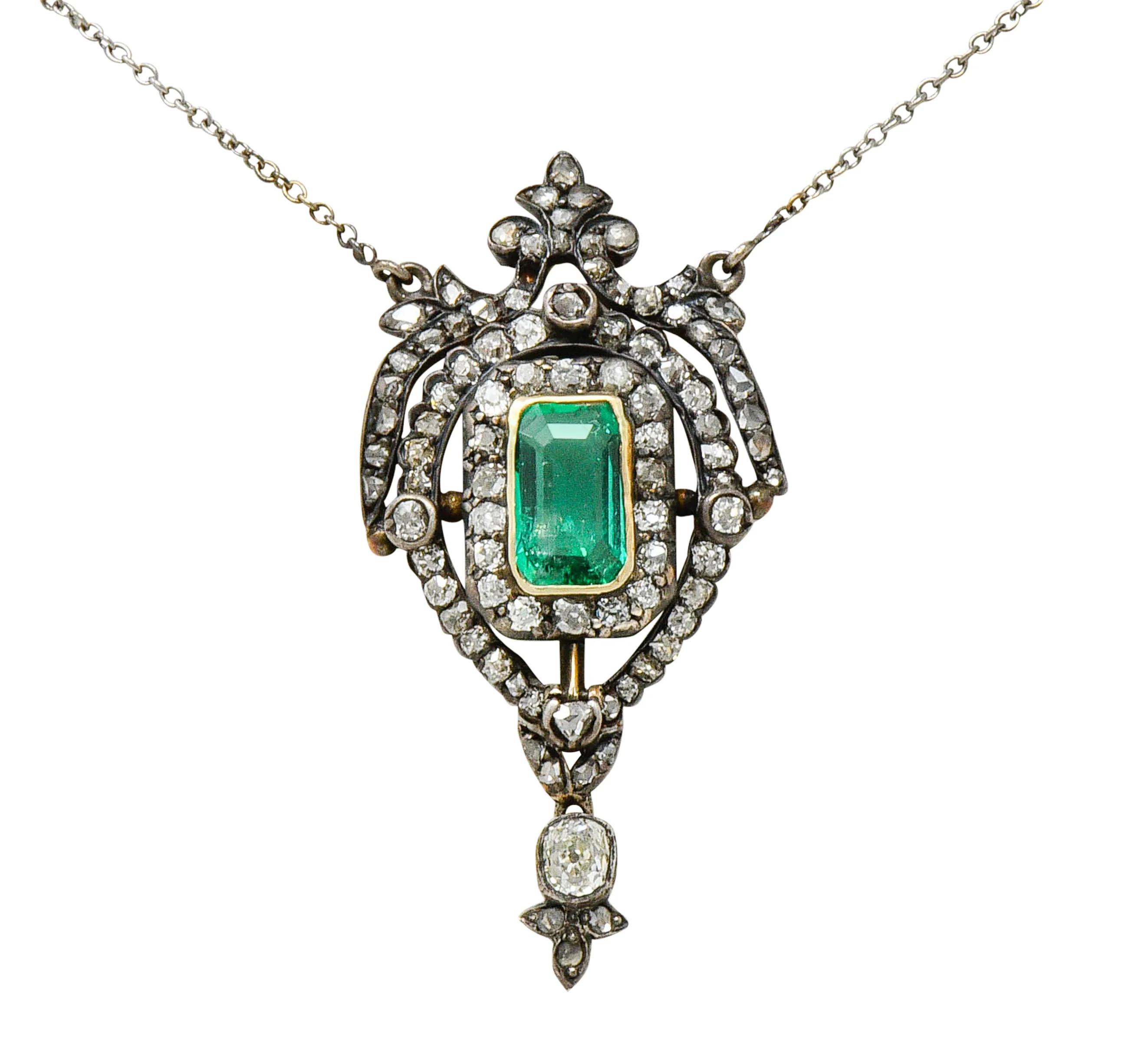 Early Victorian Emerald Diamond Silver-Topped Gold Ornate Drop Necklace