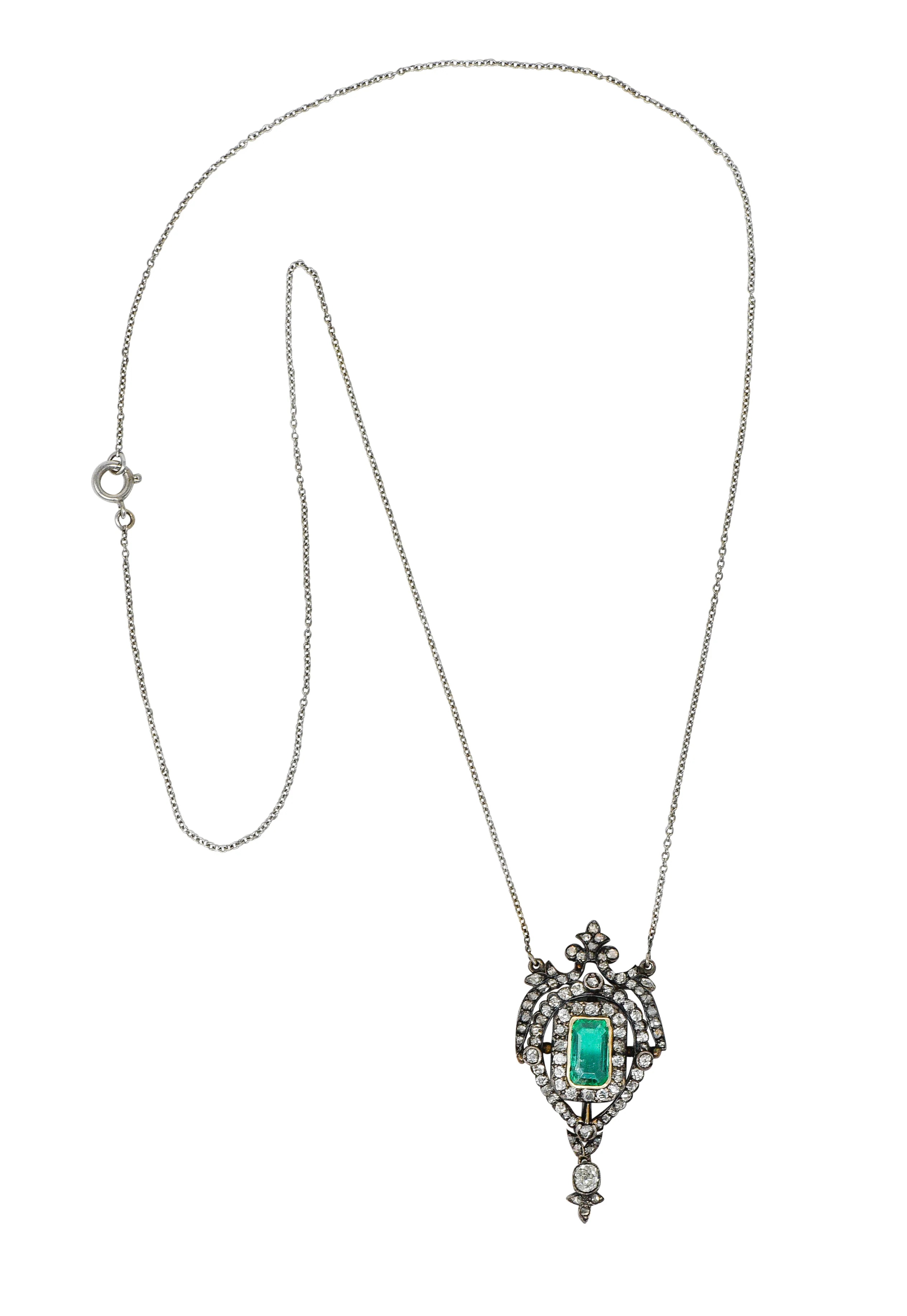 Early Victorian Emerald Diamond Silver-Topped Gold Ornate Drop Necklace - Image 2