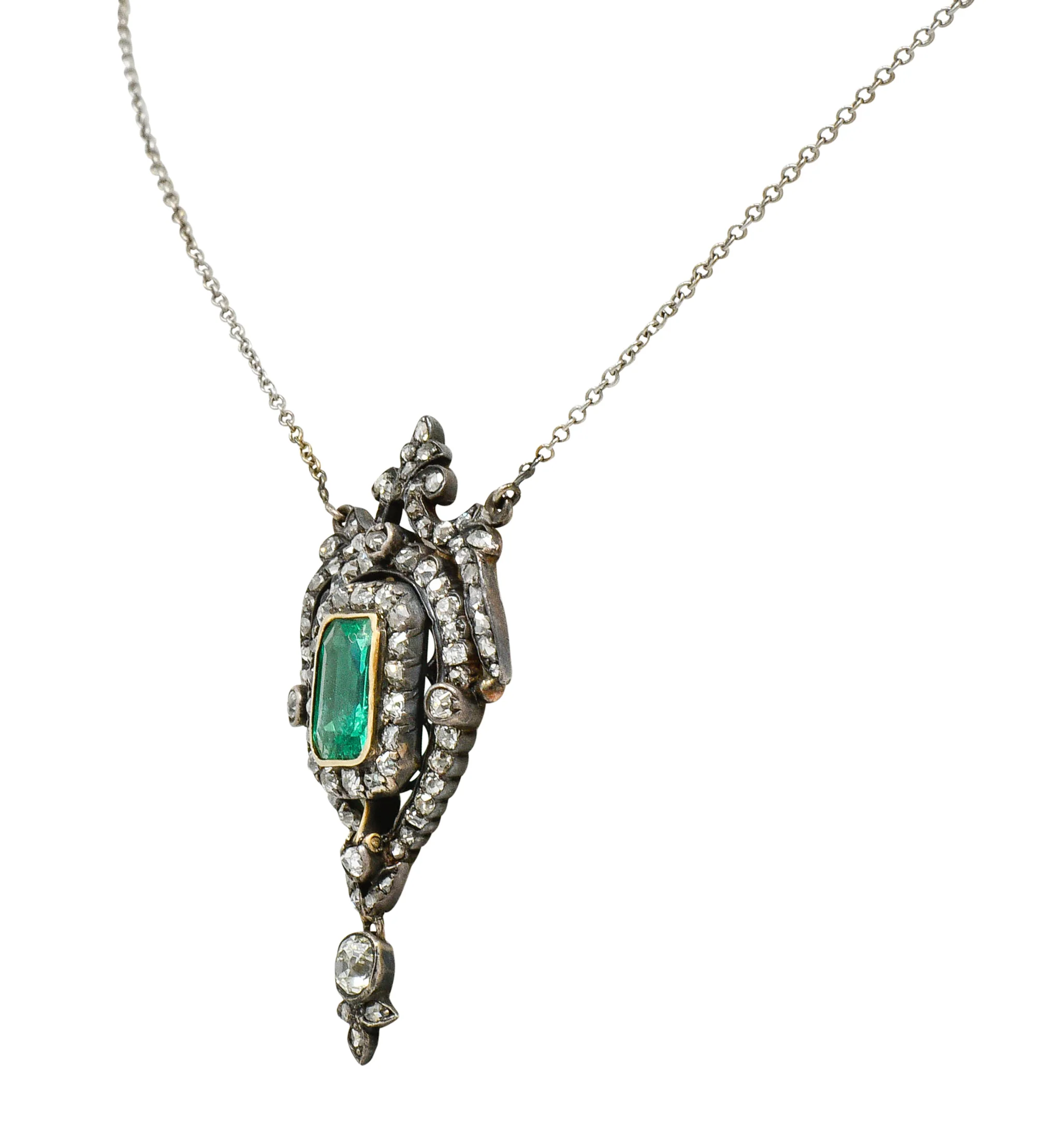 Early Victorian Emerald Diamond Silver-Topped Gold Ornate Drop Necklace - Image 3