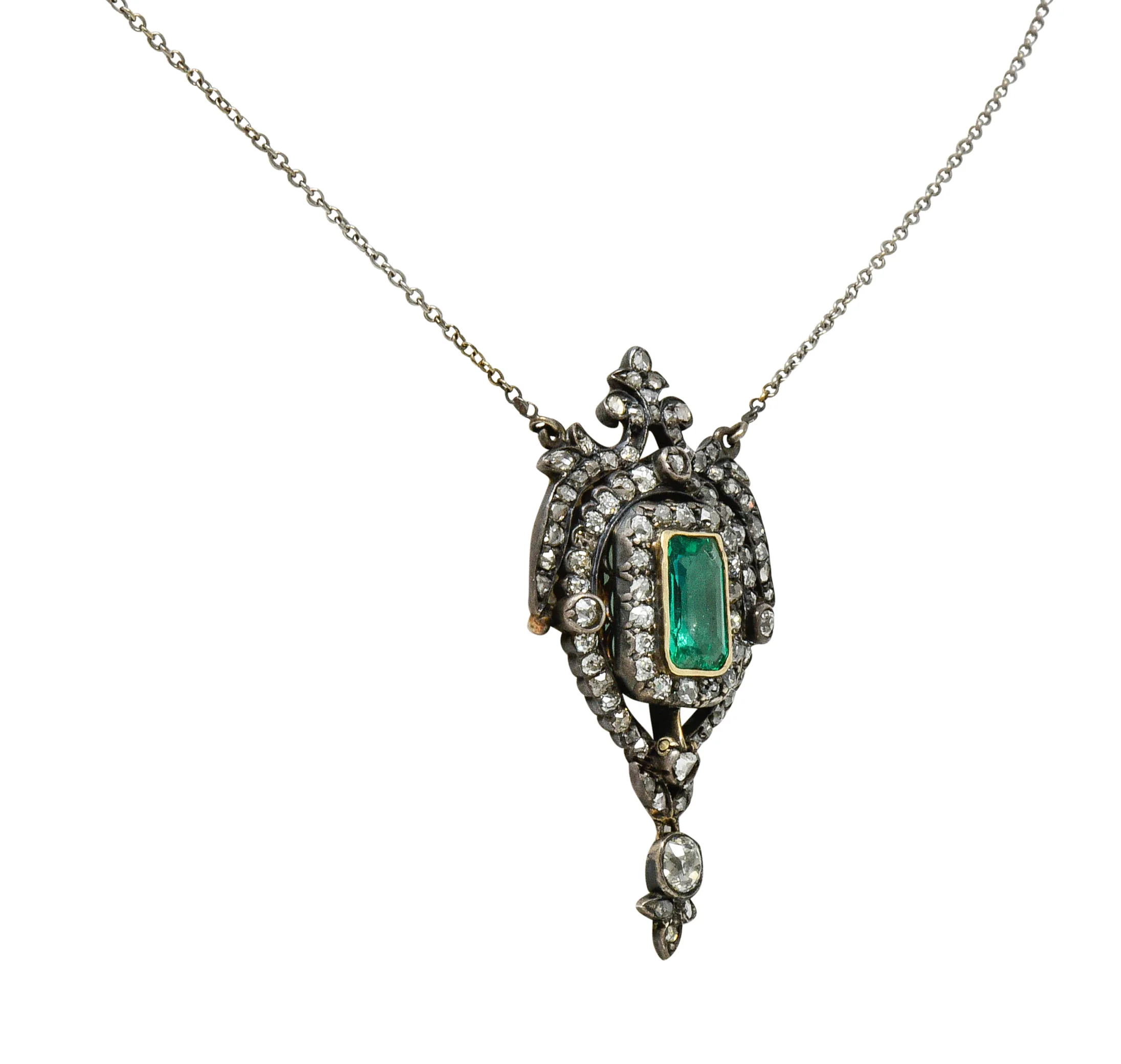 Early Victorian Emerald Diamond Silver-Topped Gold Ornate Drop Necklace - Image 4