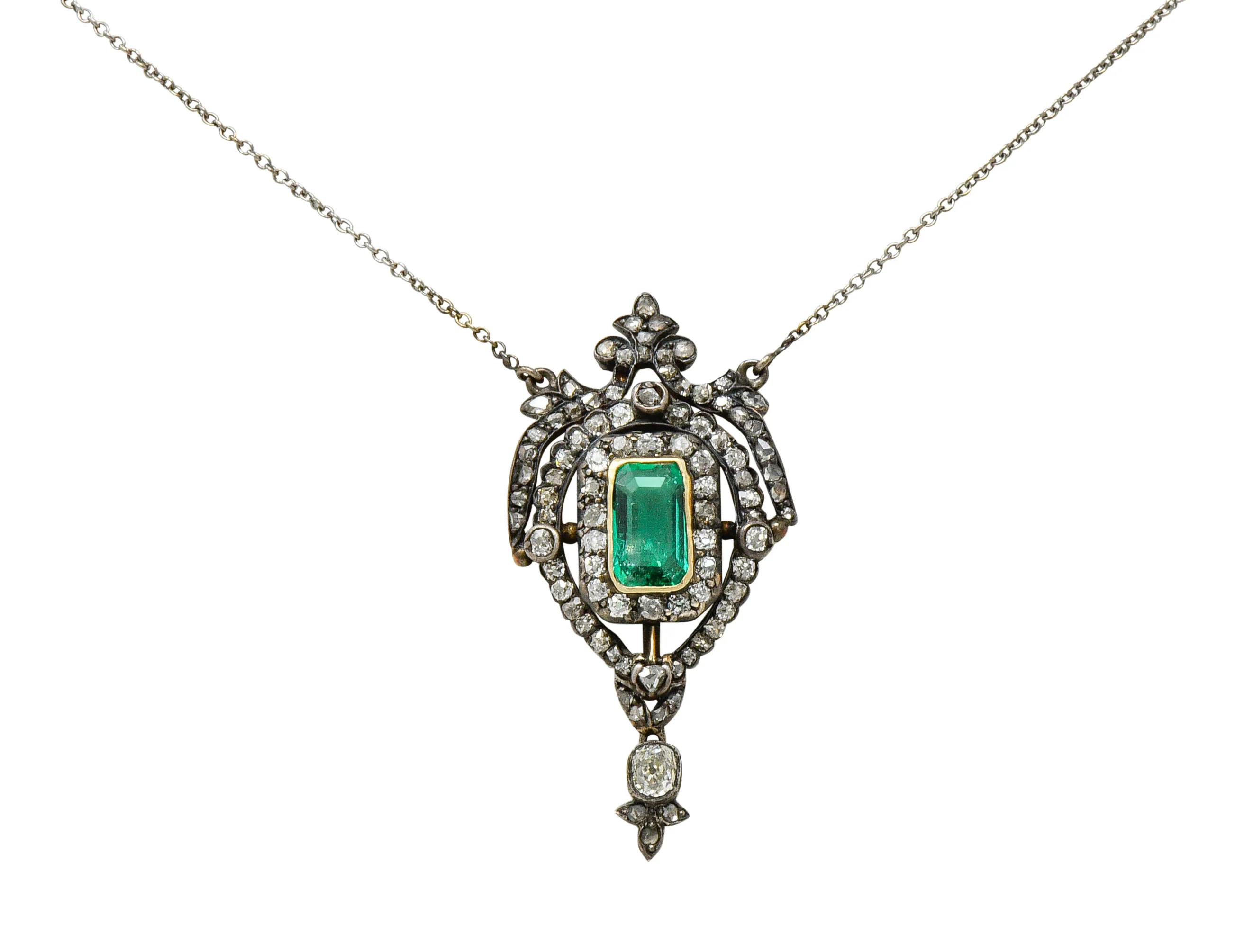 Early Victorian Emerald Diamond Silver-Topped Gold Ornate Drop Necklace - Image 5