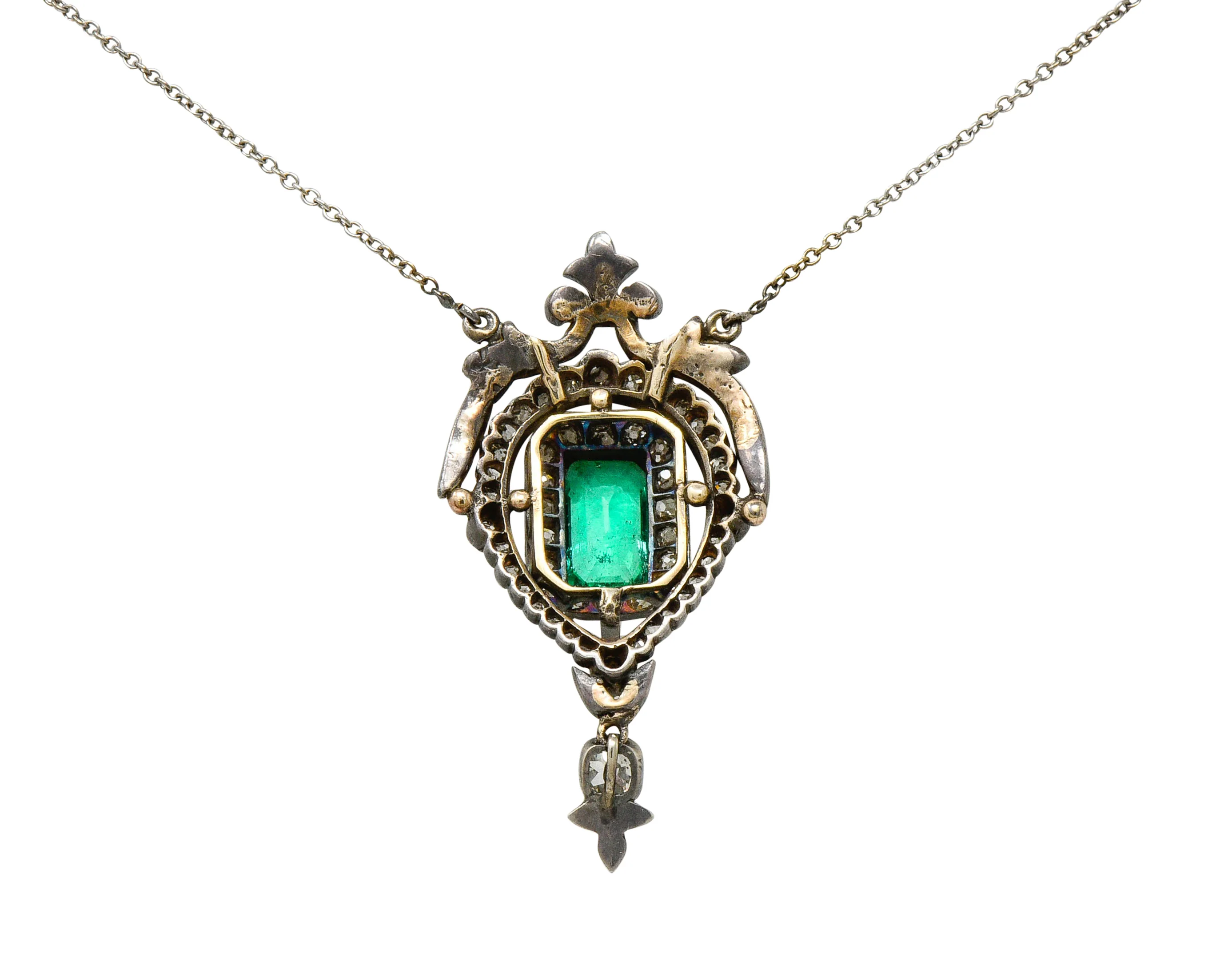 Early Victorian Emerald Diamond Silver-Topped Gold Ornate Drop Necklace - Image 6