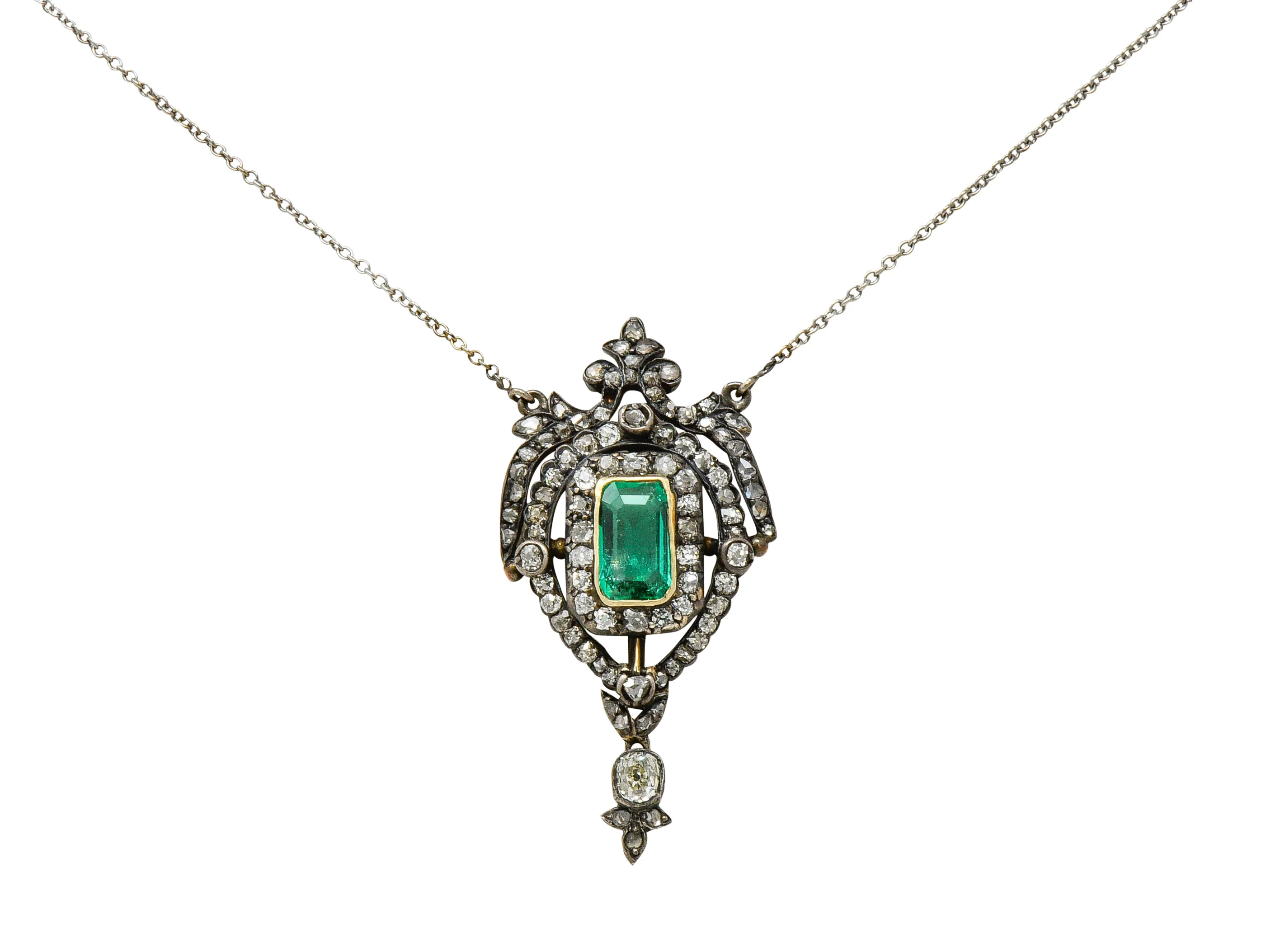 Early Victorian Emerald Diamond Silver-Topped Gold Ornate Drop Necklace - Image 9