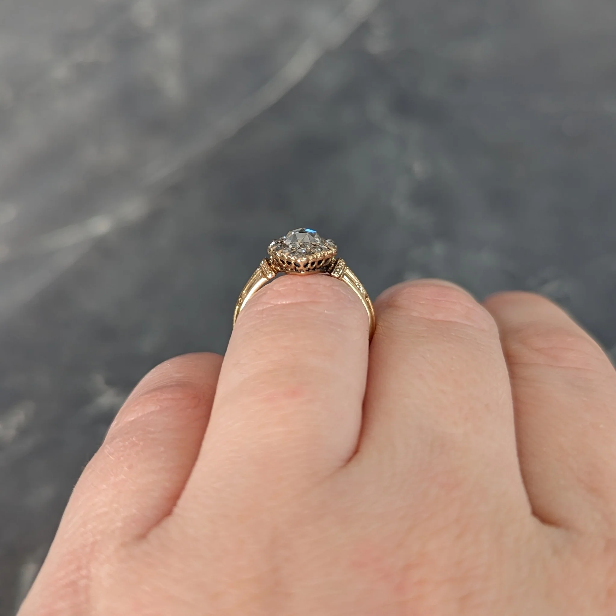 Early Victorian Rose Cut Diamond 18 Karat Yellow Gold Antique Navette Alternative Cluster Ring - Image 11