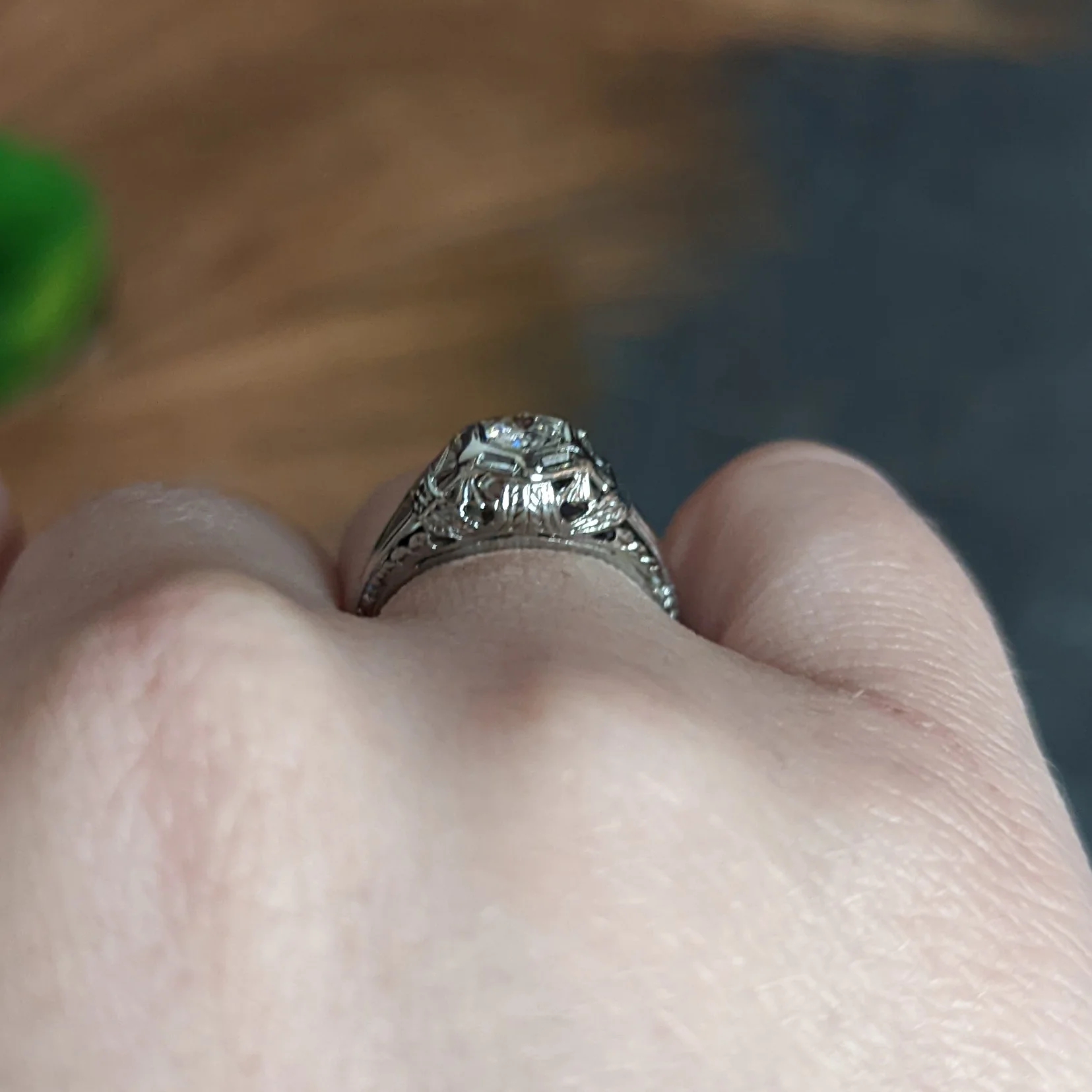 Edwardian 0.25 CTW Diamond 18 Karat White Gold Bombe Engagement Ring - Image 12