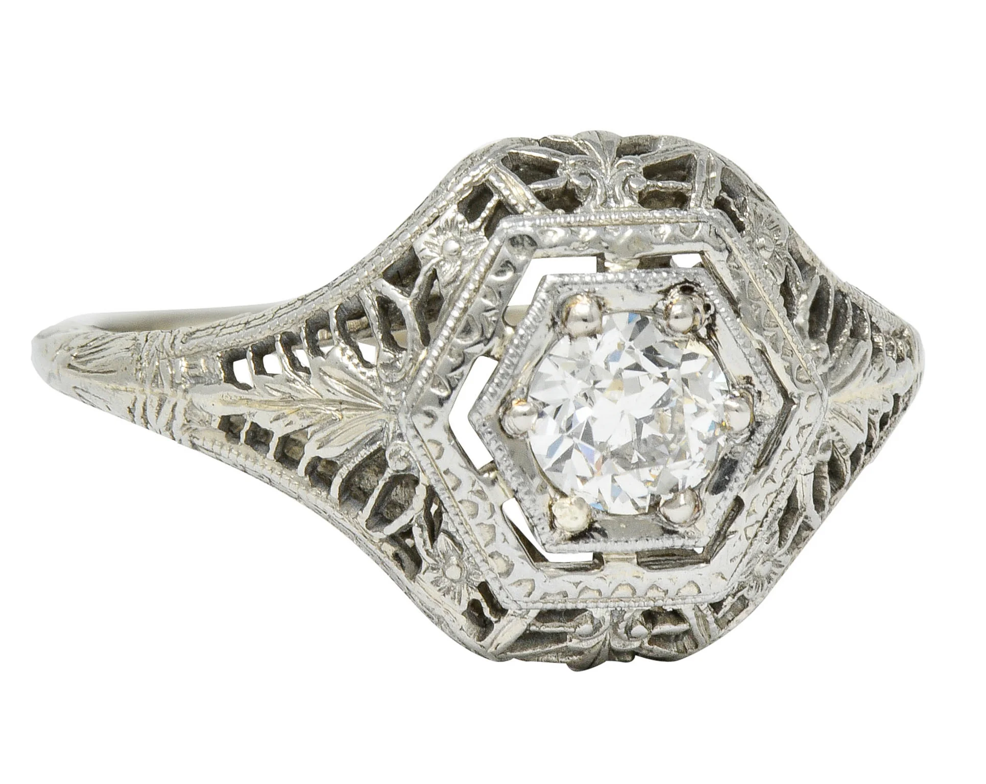 Edwardian 0.32 CTW Diamond 18 Karat White Gold Hexagonal Engagement Ring - Image 2