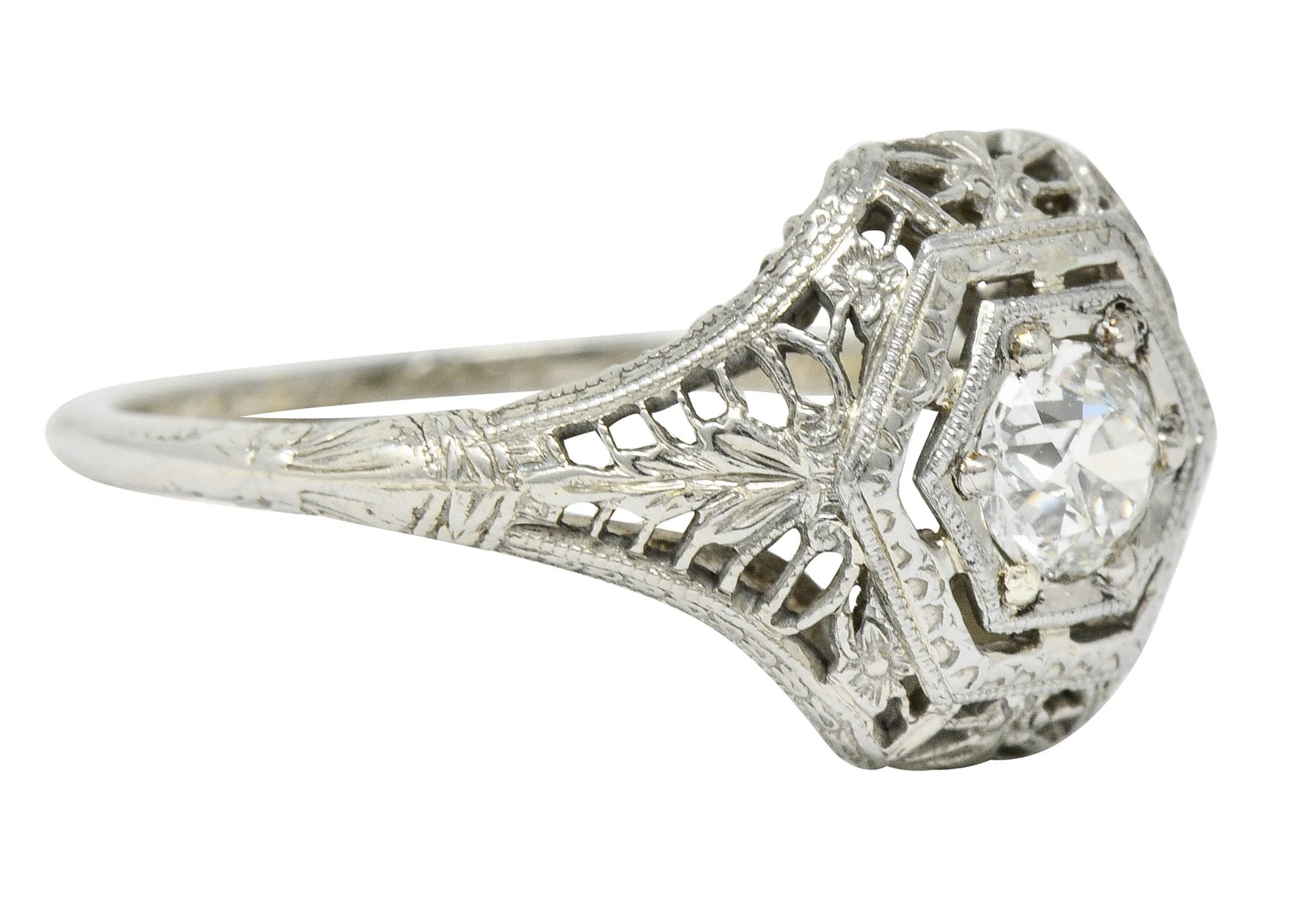 Edwardian 0.32 CTW Diamond 18 Karat White Gold Hexagonal Engagement Ring - Image 3