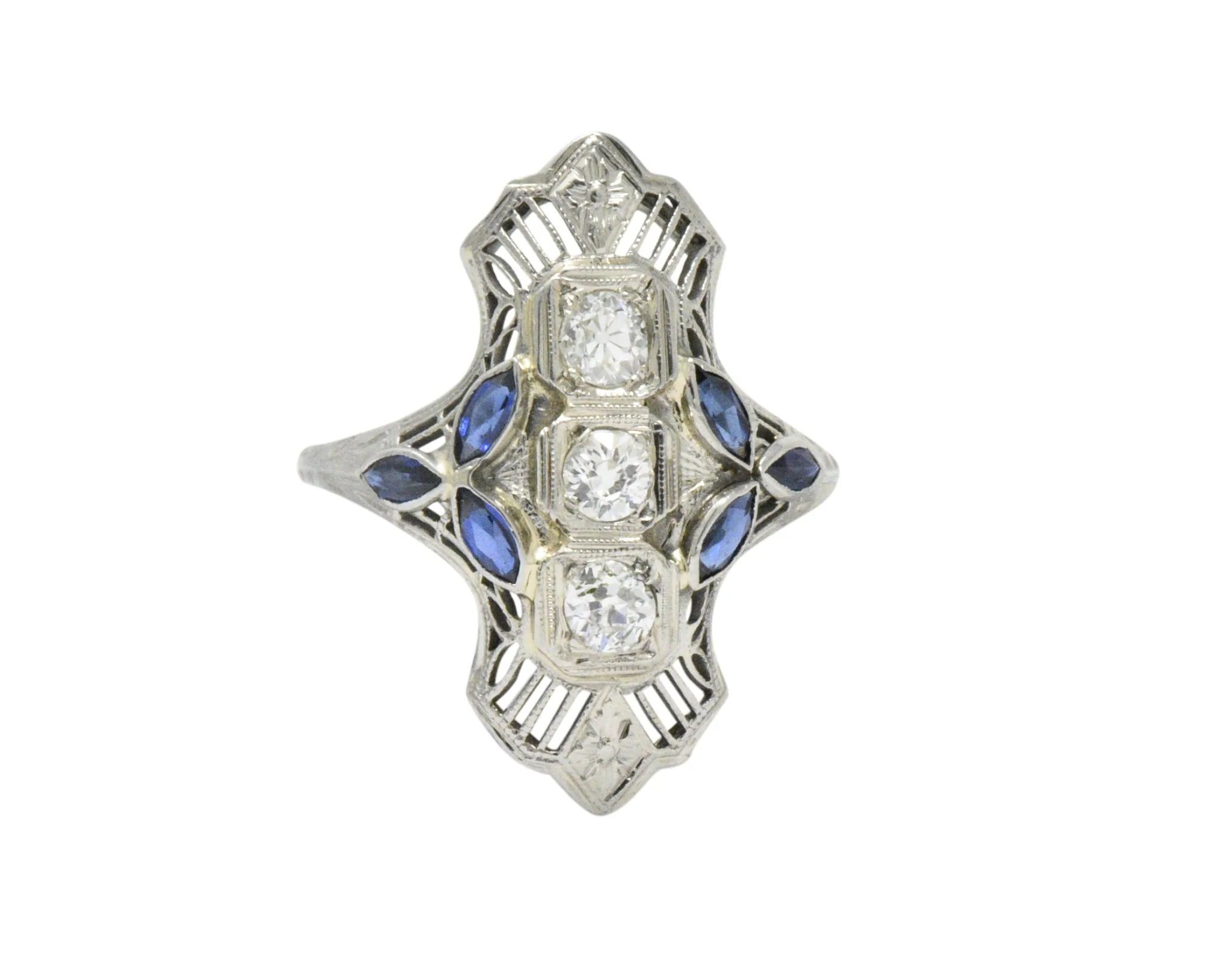 Edwardian 0.35 CTW Diamond Synthetic Sapphire 18 Karat White Gold Dinner Ring - Image 3