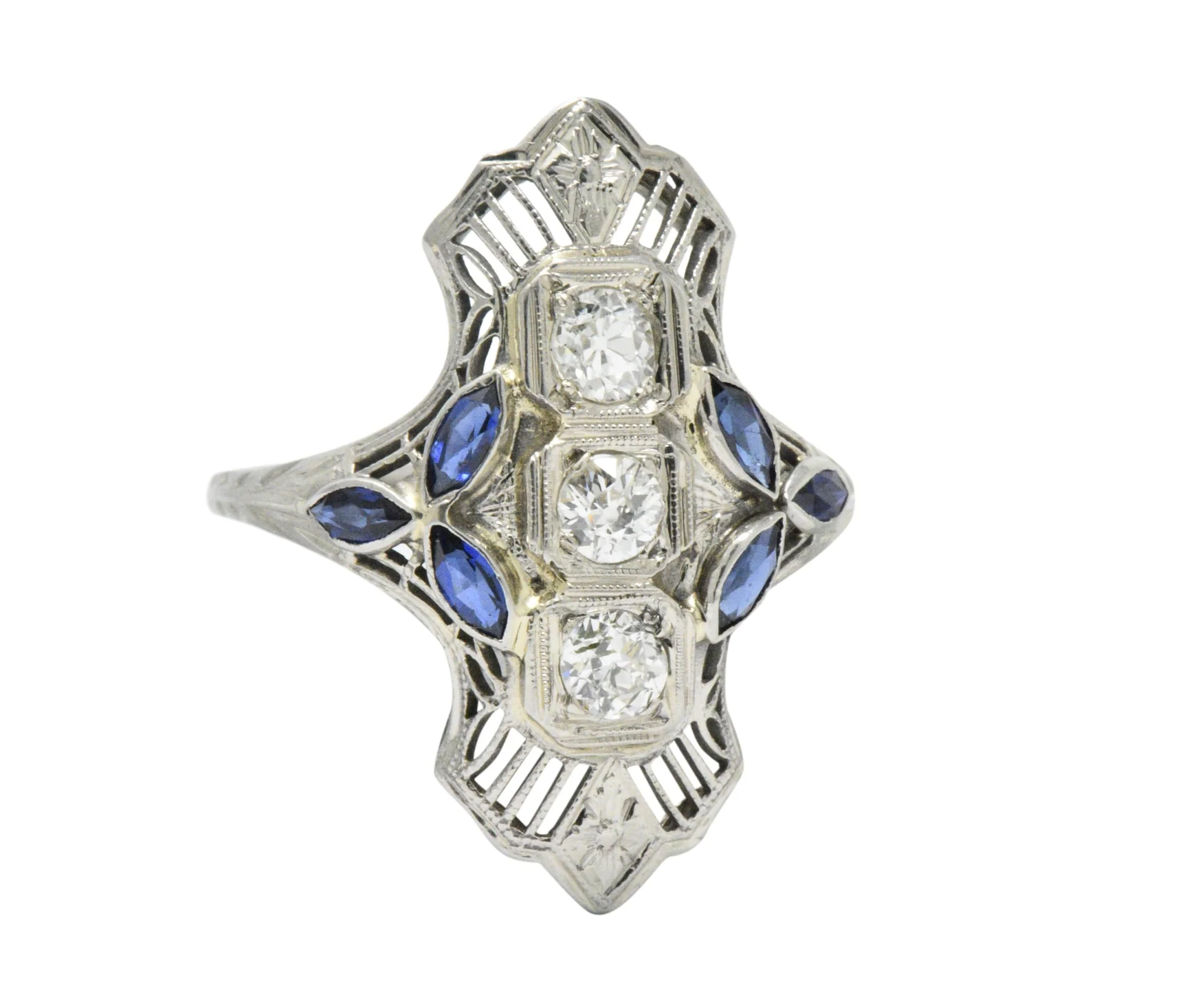 Edwardian 0.35 CTW Diamond Synthetic Sapphire 18 Karat White Gold Dinner Ring - Image 4