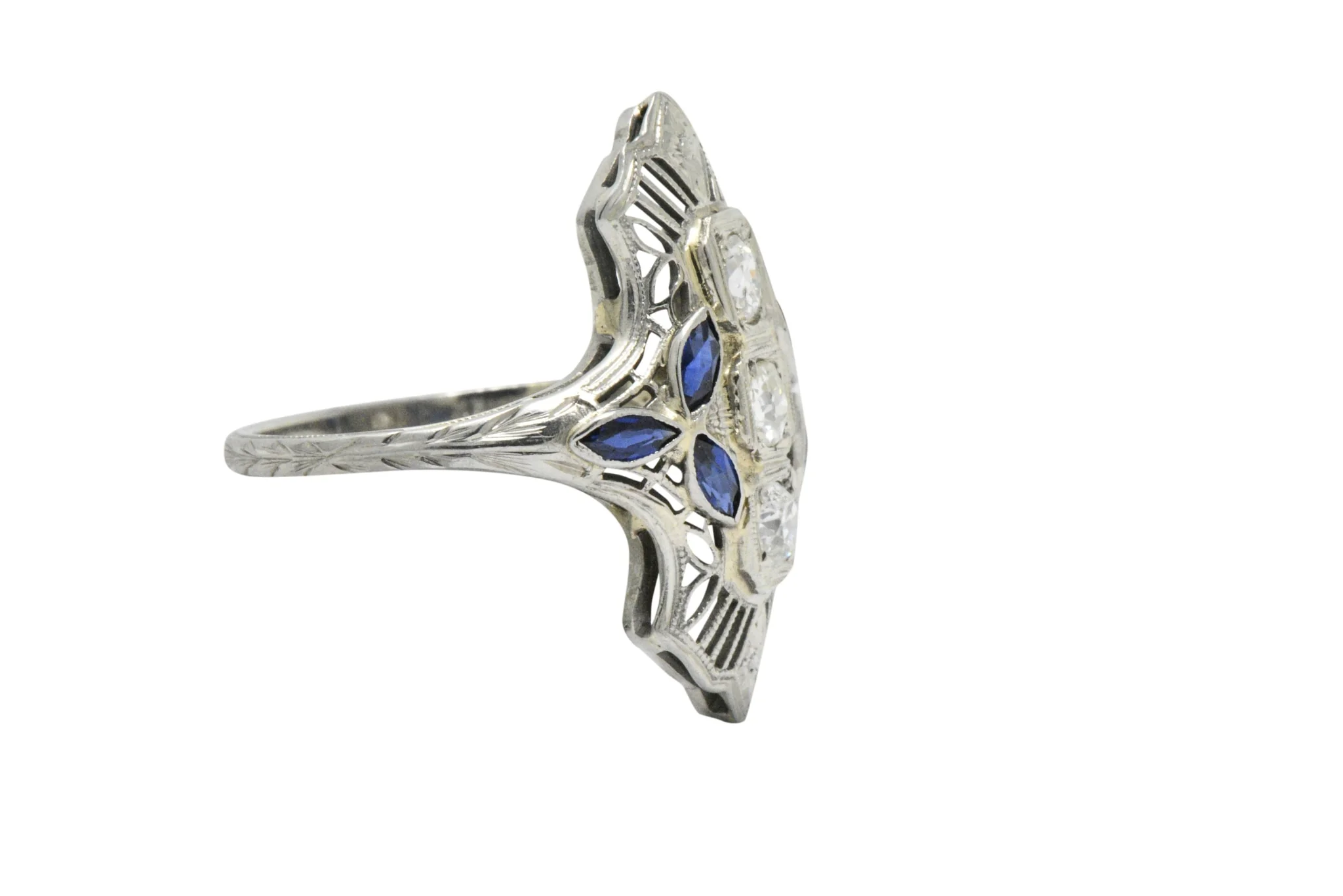 Edwardian 0.35 CTW Diamond Synthetic Sapphire 18 Karat White Gold Dinner Ring - Image 5