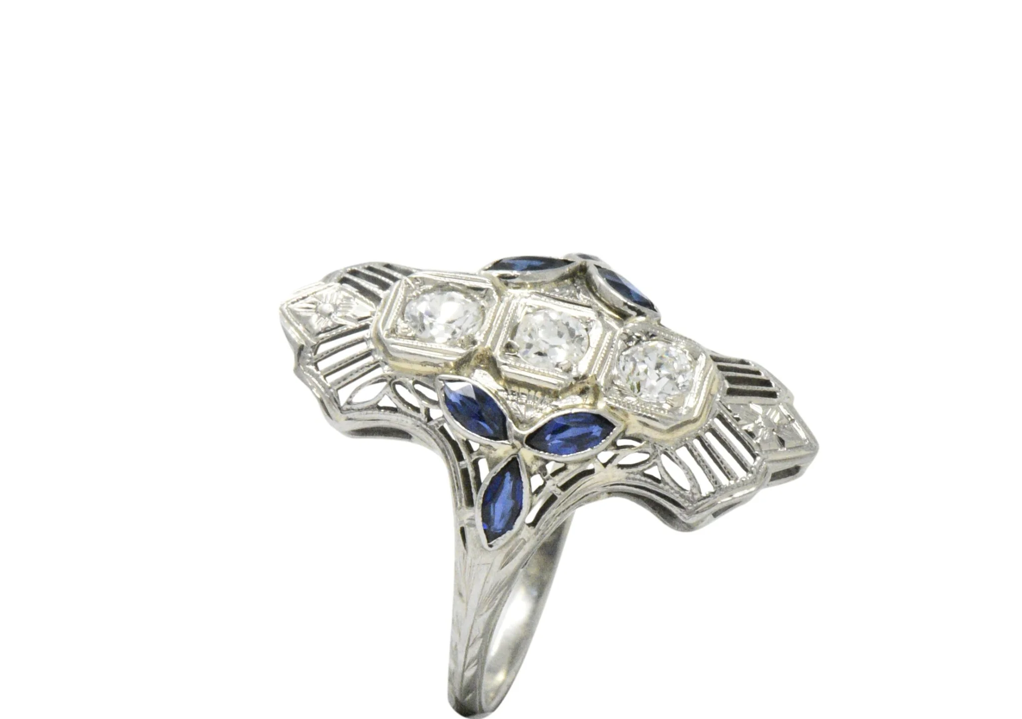 Edwardian 0.35 CTW Diamond Synthetic Sapphire 18 Karat White Gold Dinner Ring - Image 6