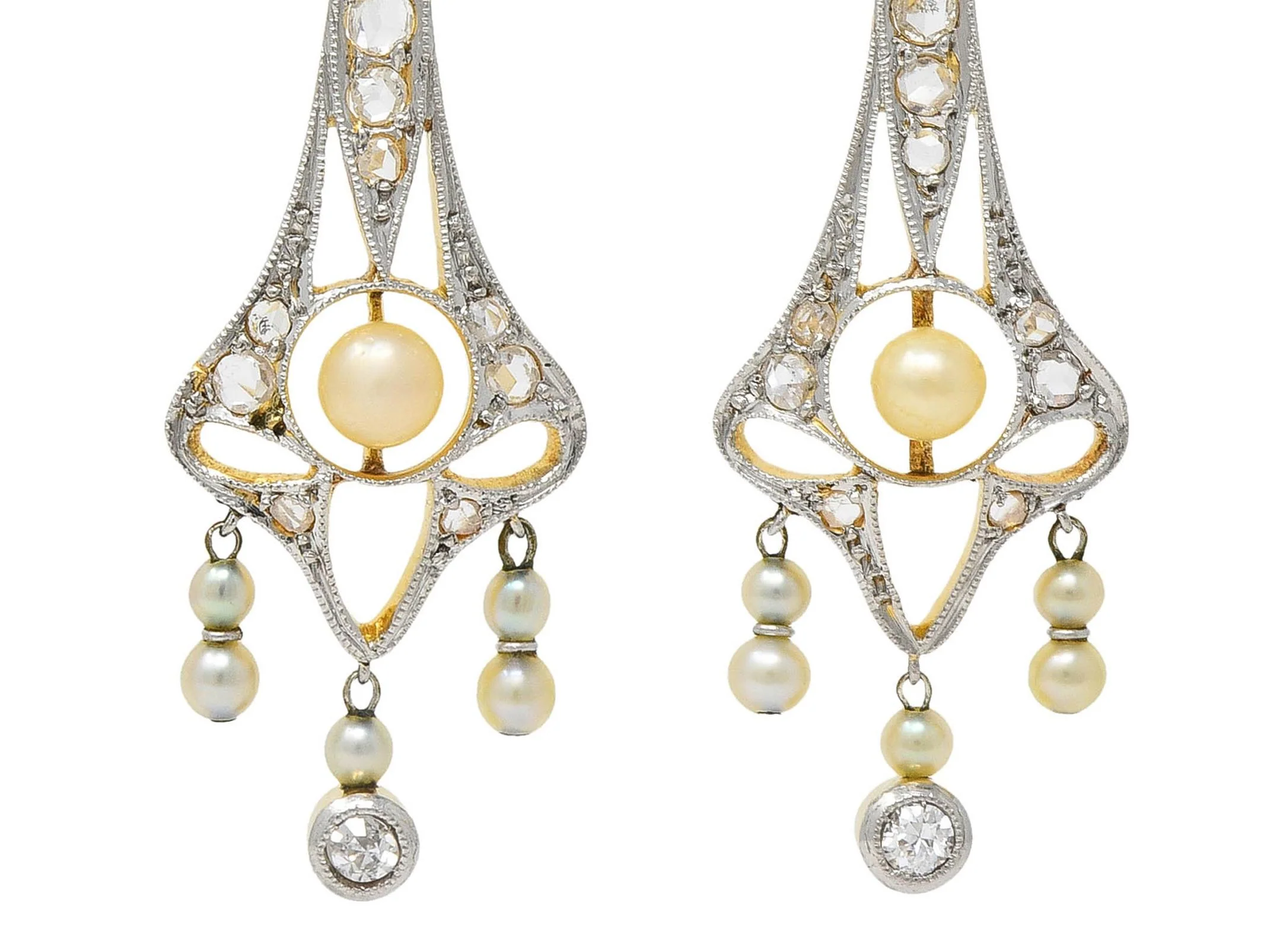 Edwardian 0.36 CTW Diamond Pearl Platinum-Topped 18K Gold Antique Drop Earrings - Image 5