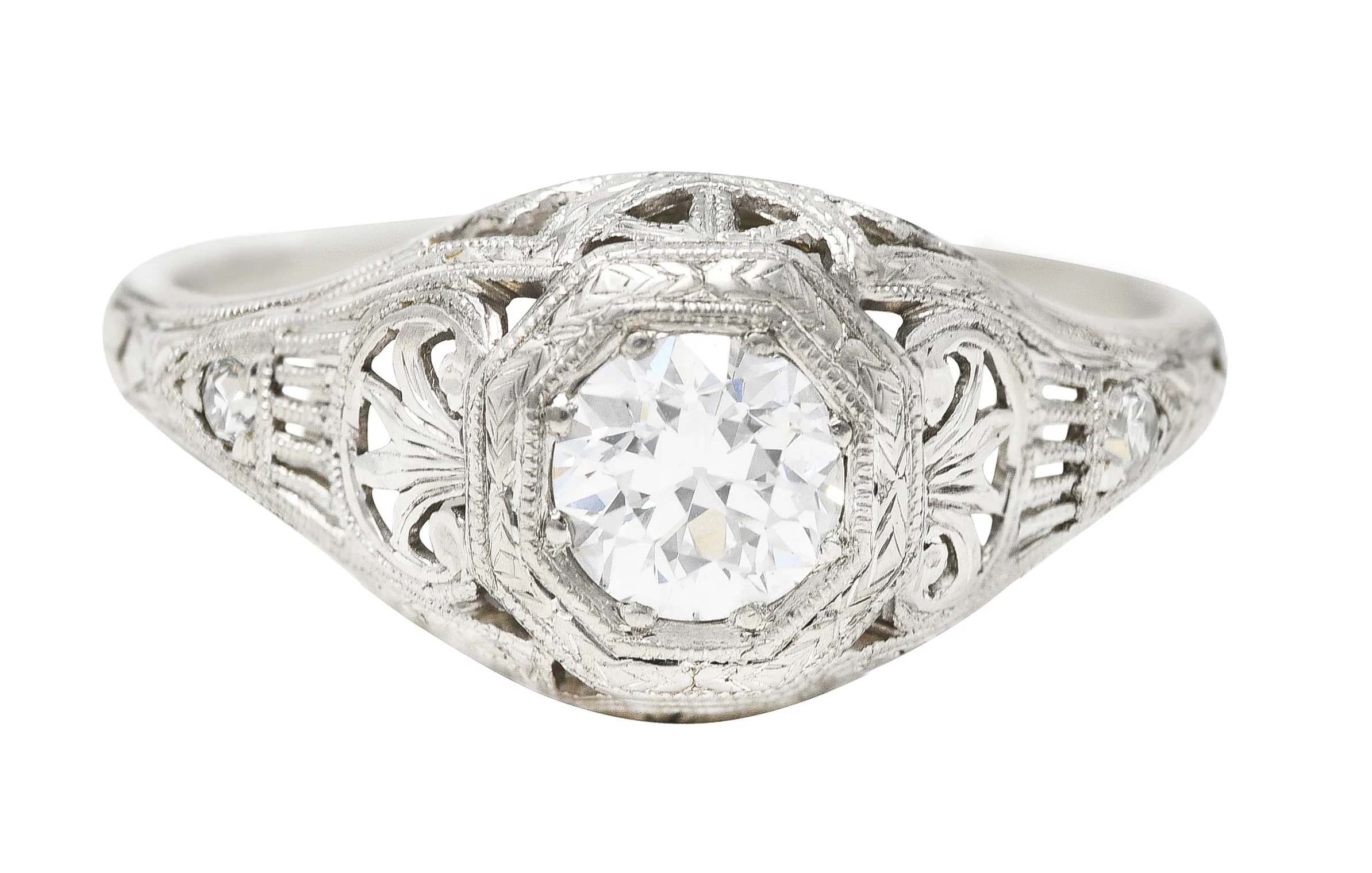 Edwardian 0.40 CTW Old European Cut Diamond Platinum Garland Foliate Antique Engagement Ring