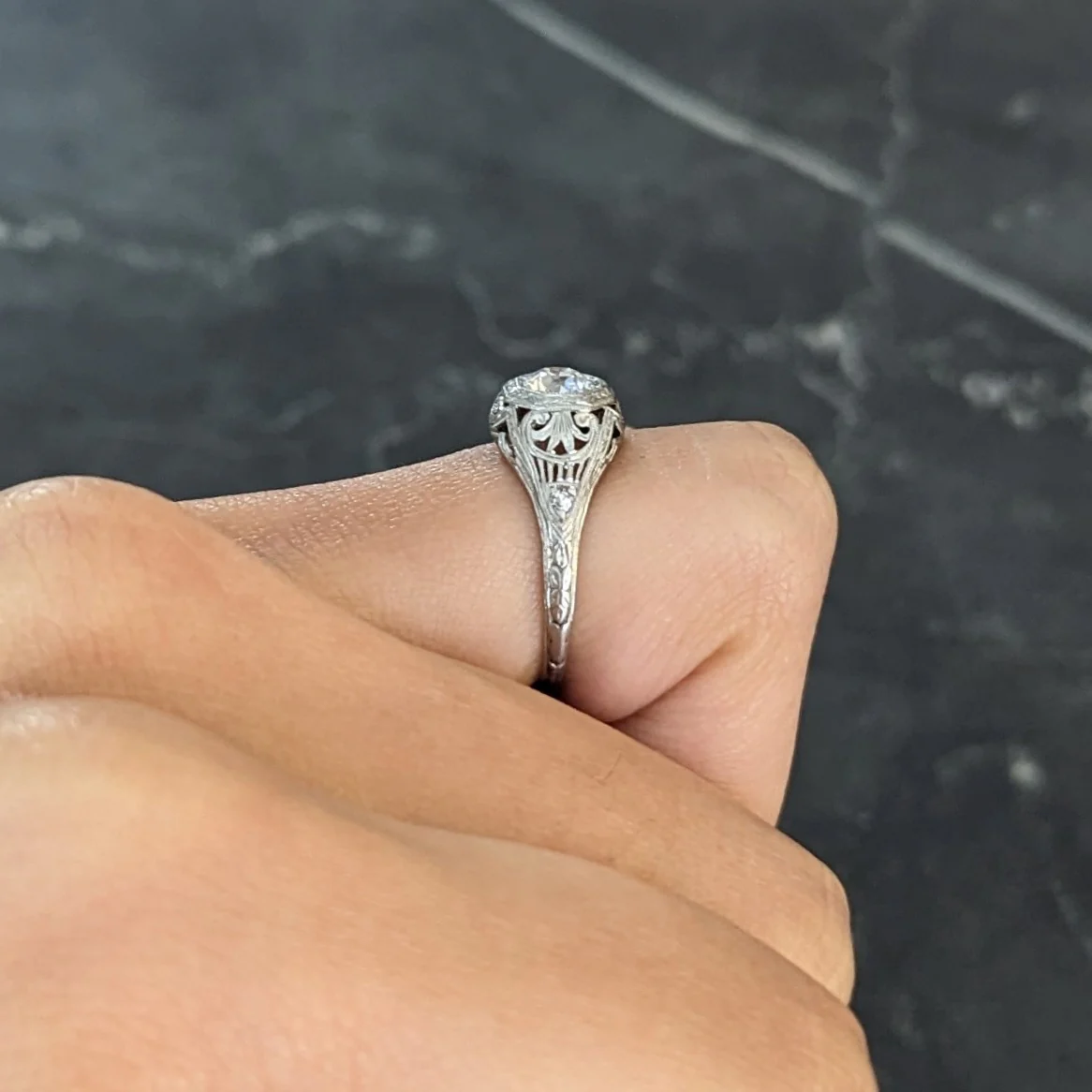 Edwardian 0.40 CTW Old European Cut Diamond Platinum Garland Foliate Antique Engagement Ring - Image 10